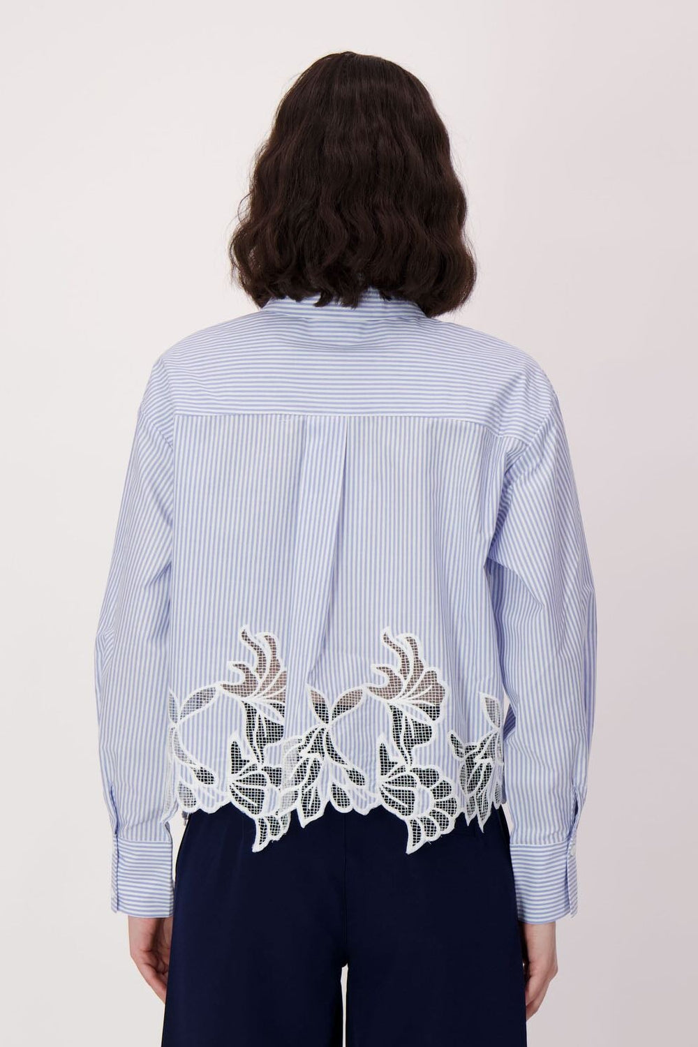 Striped Cutwork Embroidered Hem Cotton Shirt