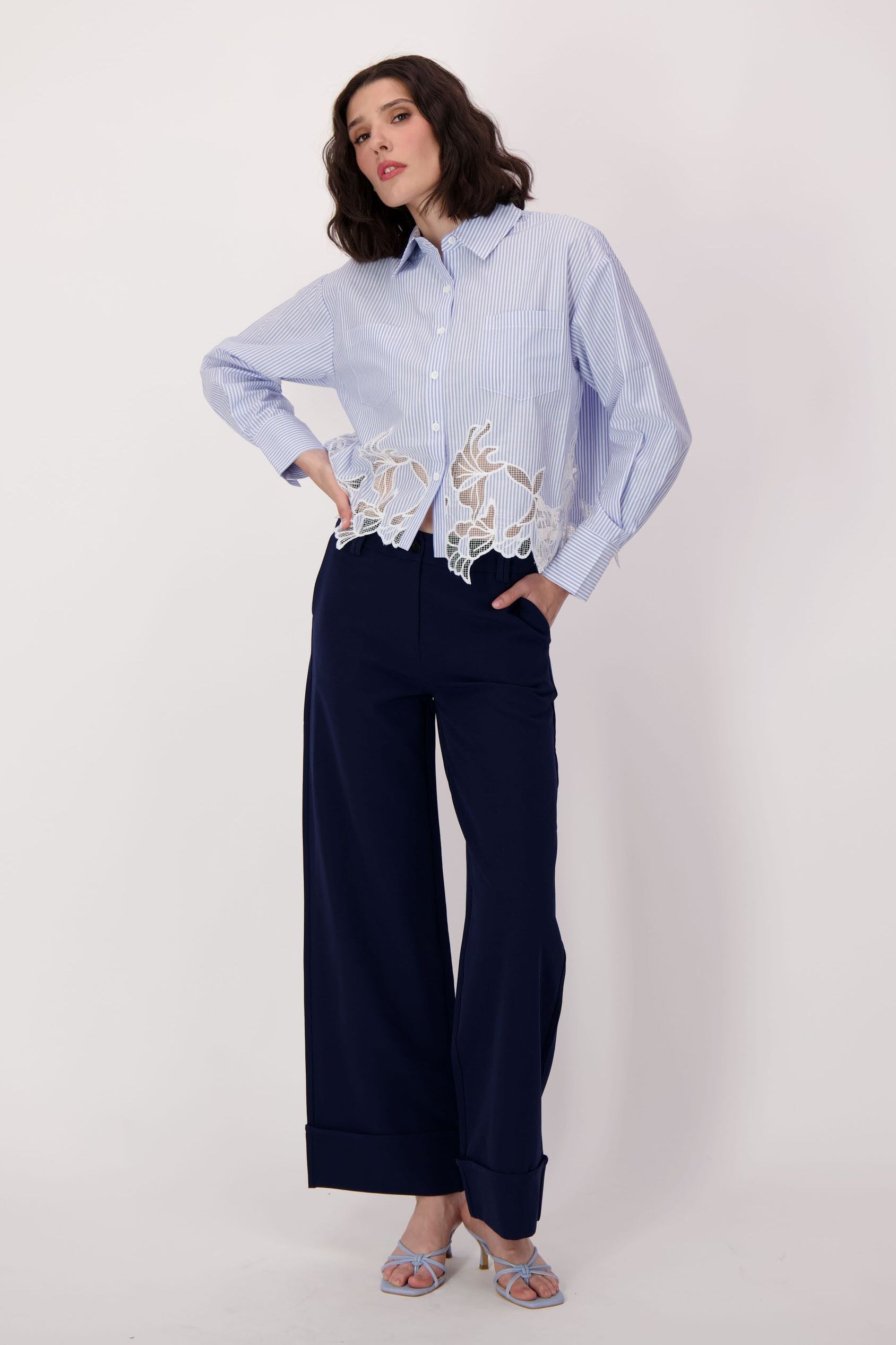 Striped Cutwork Embroidered Hem Cotton Shirt