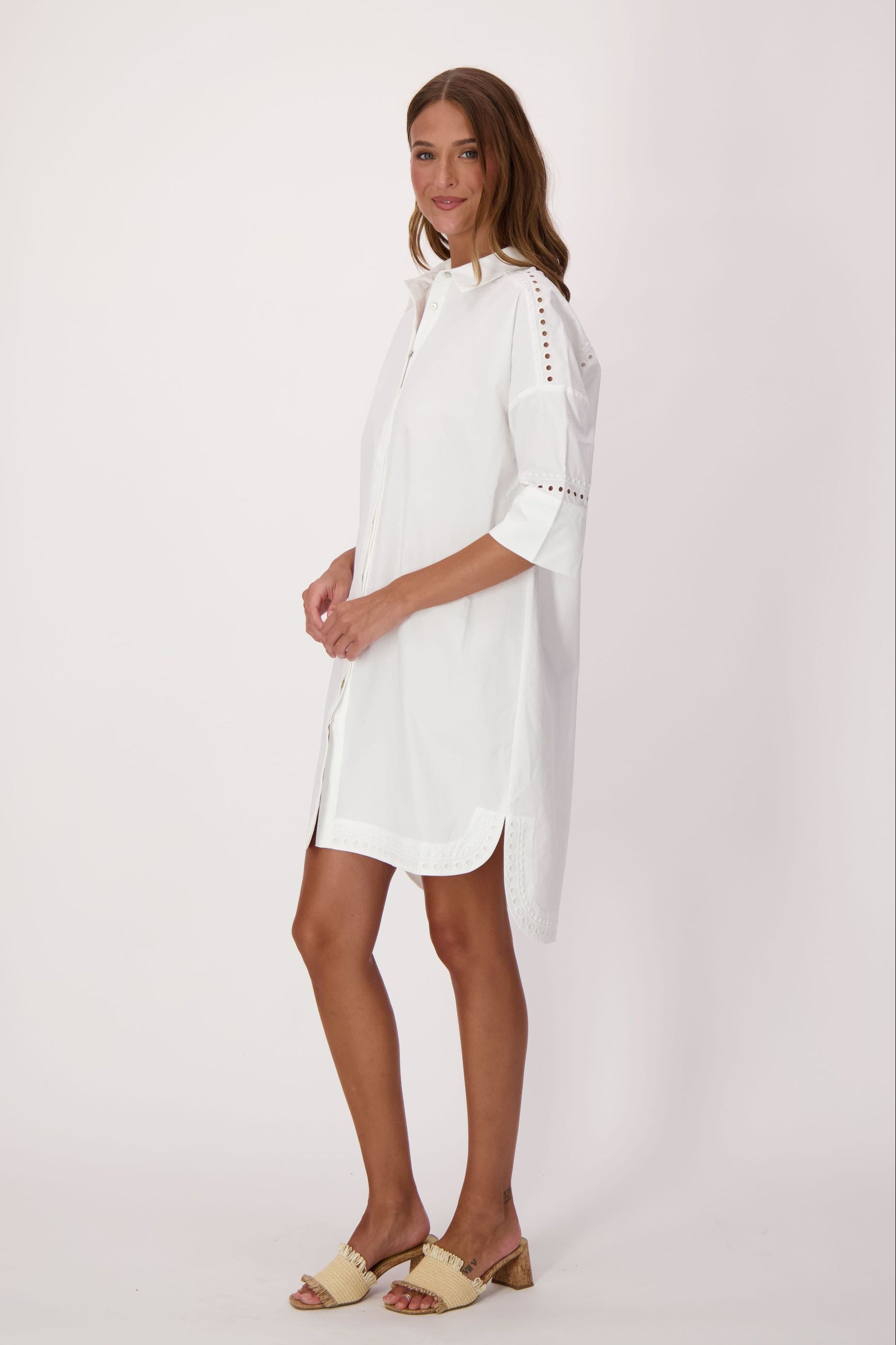 Palm Embroidered Cotton Shirt Dress