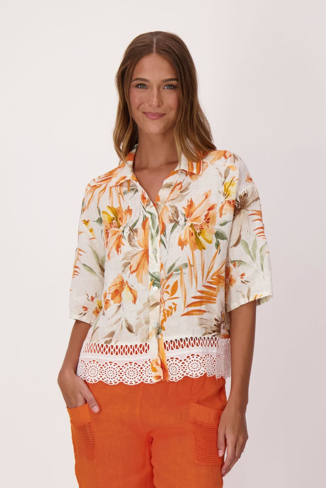 Sunset Palm Lace Hem Linen Shirt Jacket