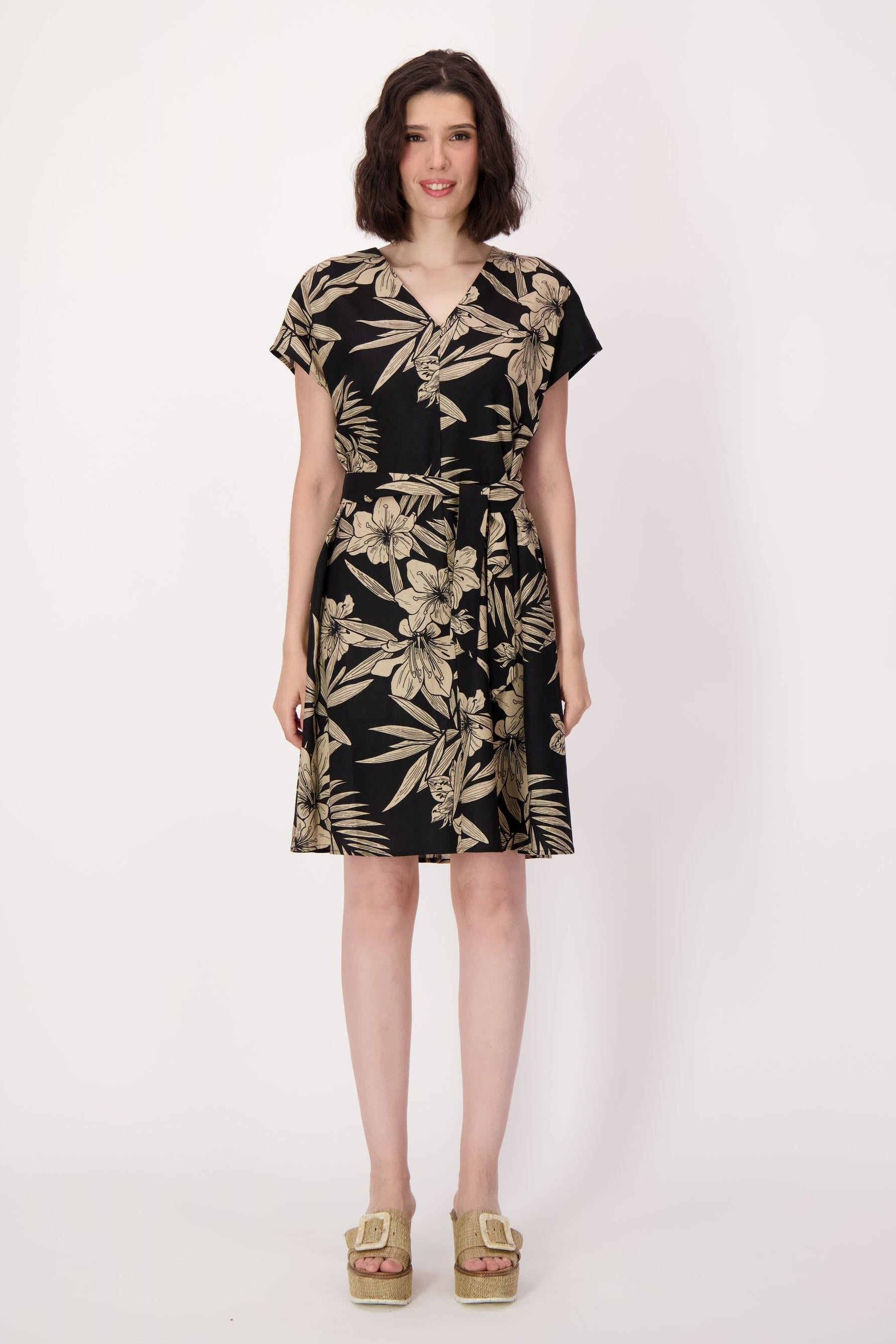 Natural Floral Waist Tie Linen-Blend Dress