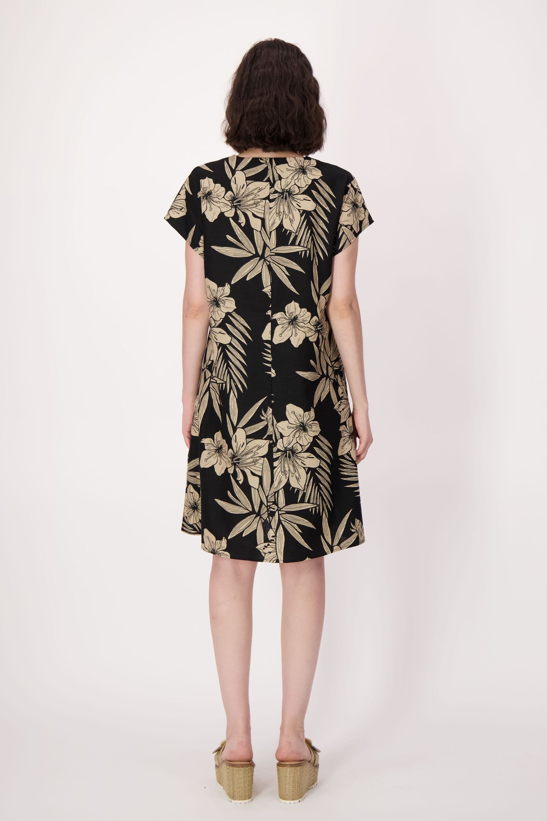 Natural Floral Waist Tie Linen-Blend Dress