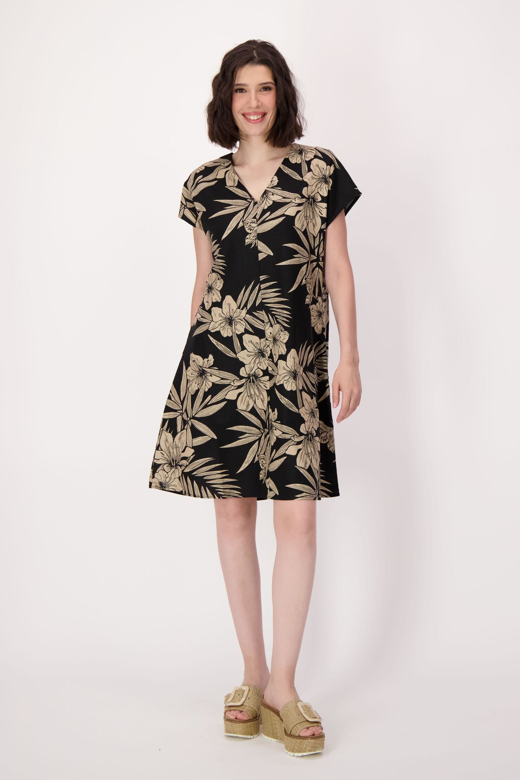 Natural Floral Waist Tie Linen-Blend Dress