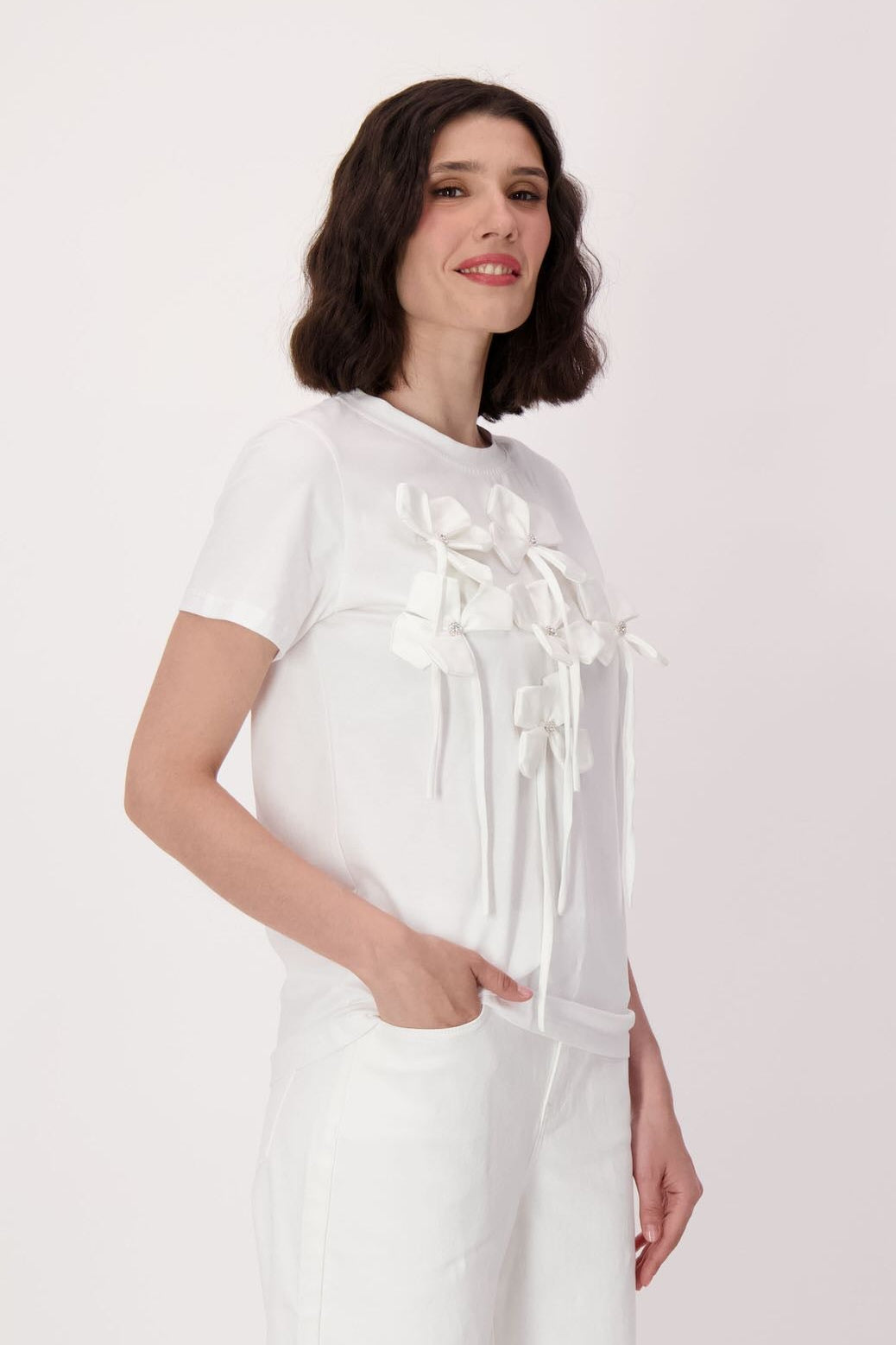White Flower Applique Cotton T-Shirt