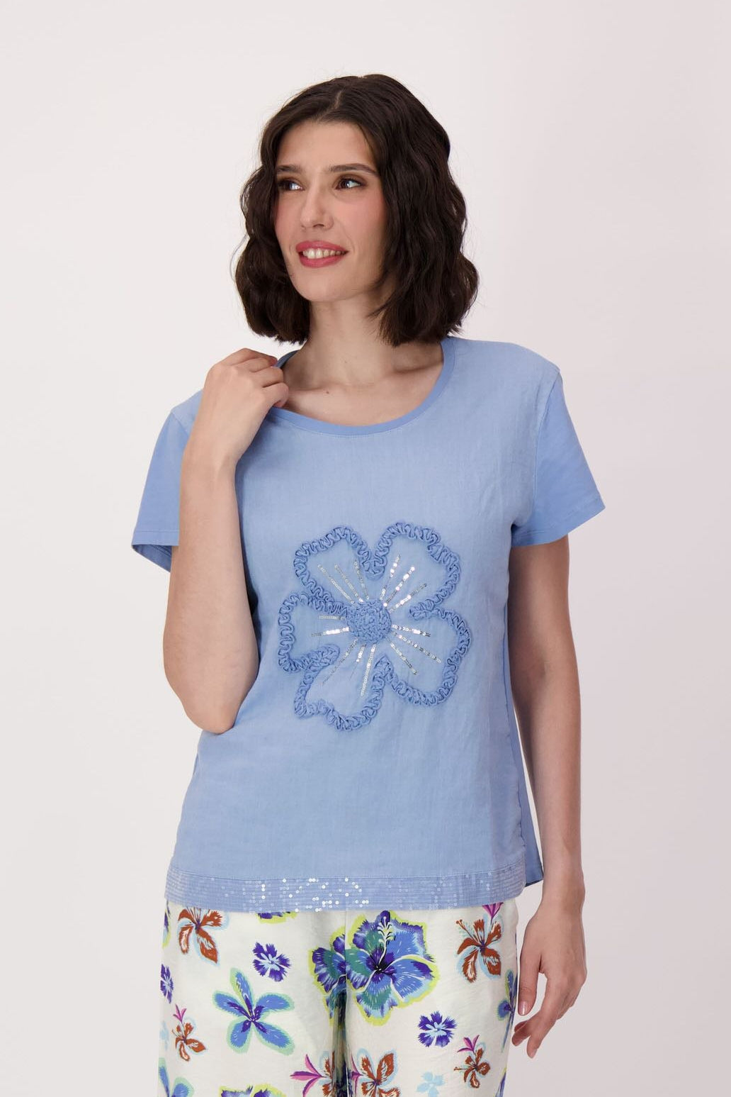 Sparkle Sunflower Applique Linen-Blend T-Shirt