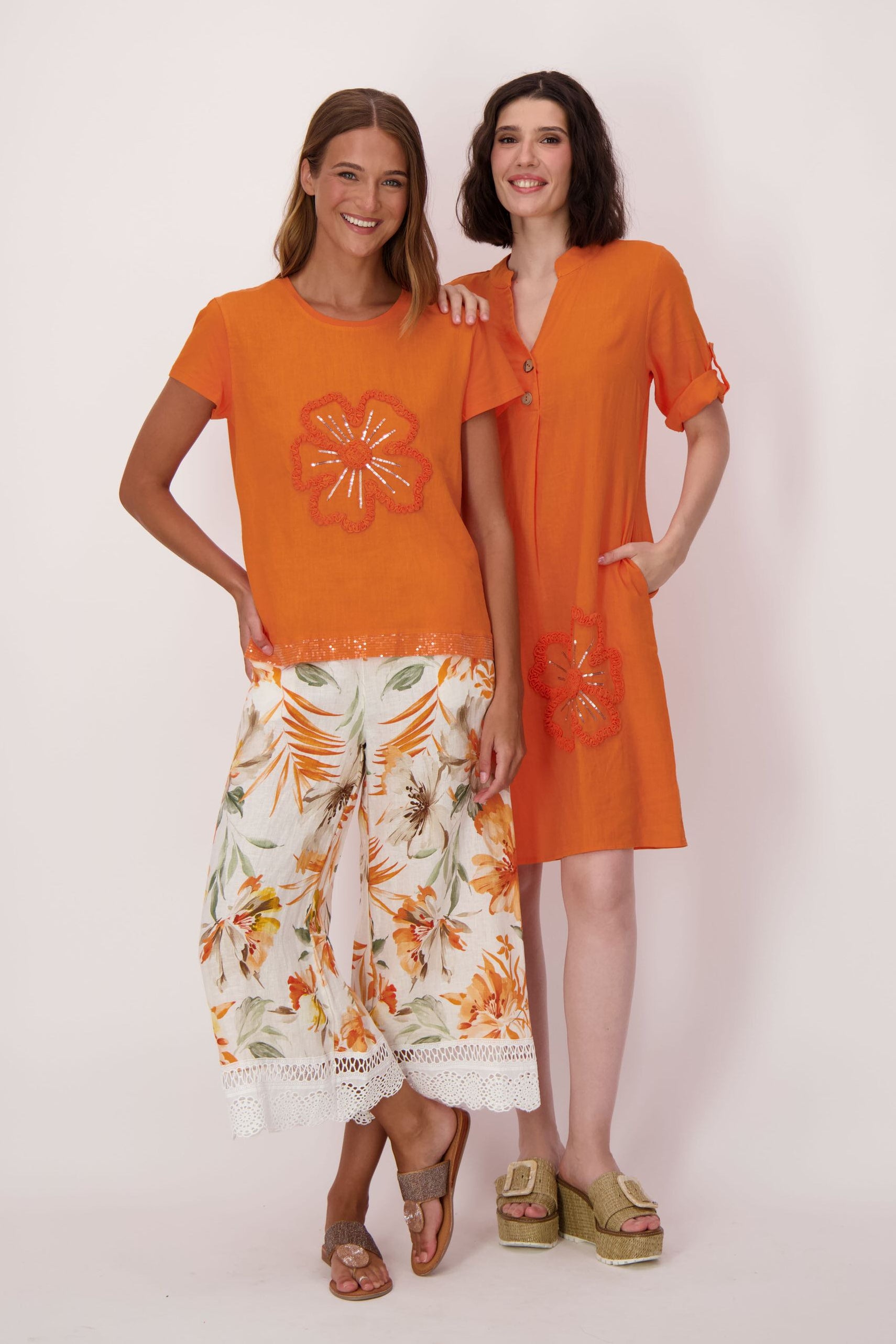 Sparkle Sunflower Applique Linen-Blend T-Shirt