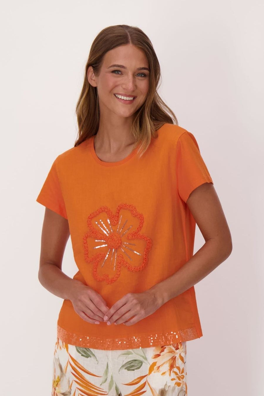 Sparkle Sunflower Applique Linen-Blend T-Shirt