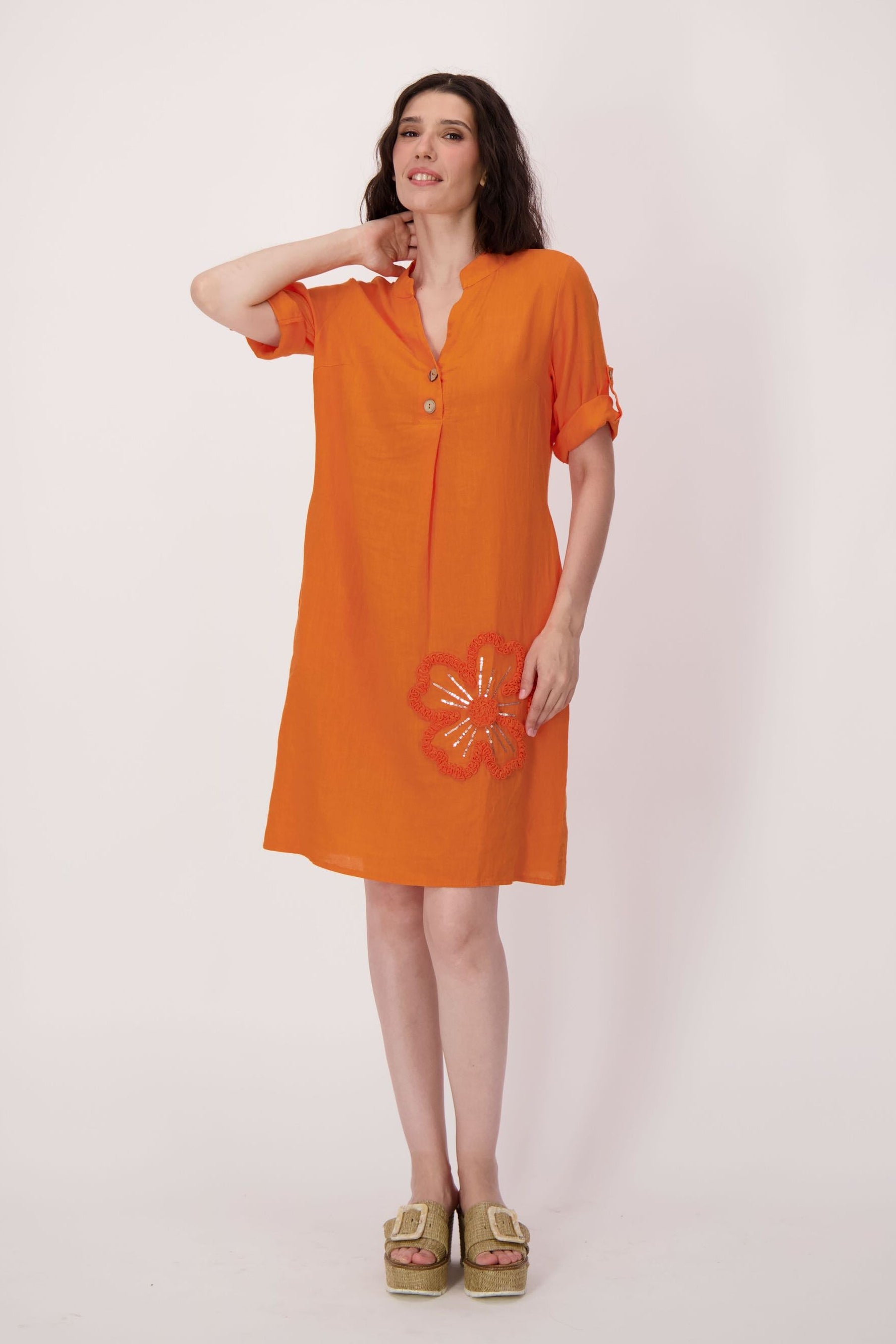 Sparkle Sunflower Applique Linen-Blend Dress