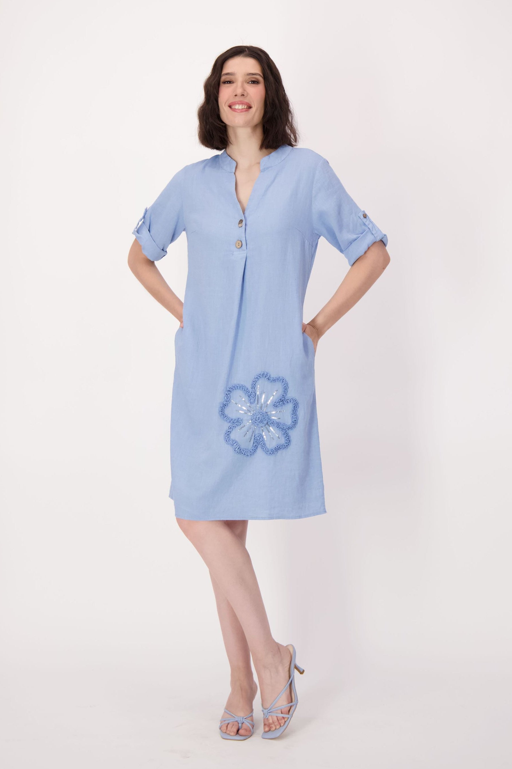 Sparkle Sunflower Applique Linen-Blend Dress