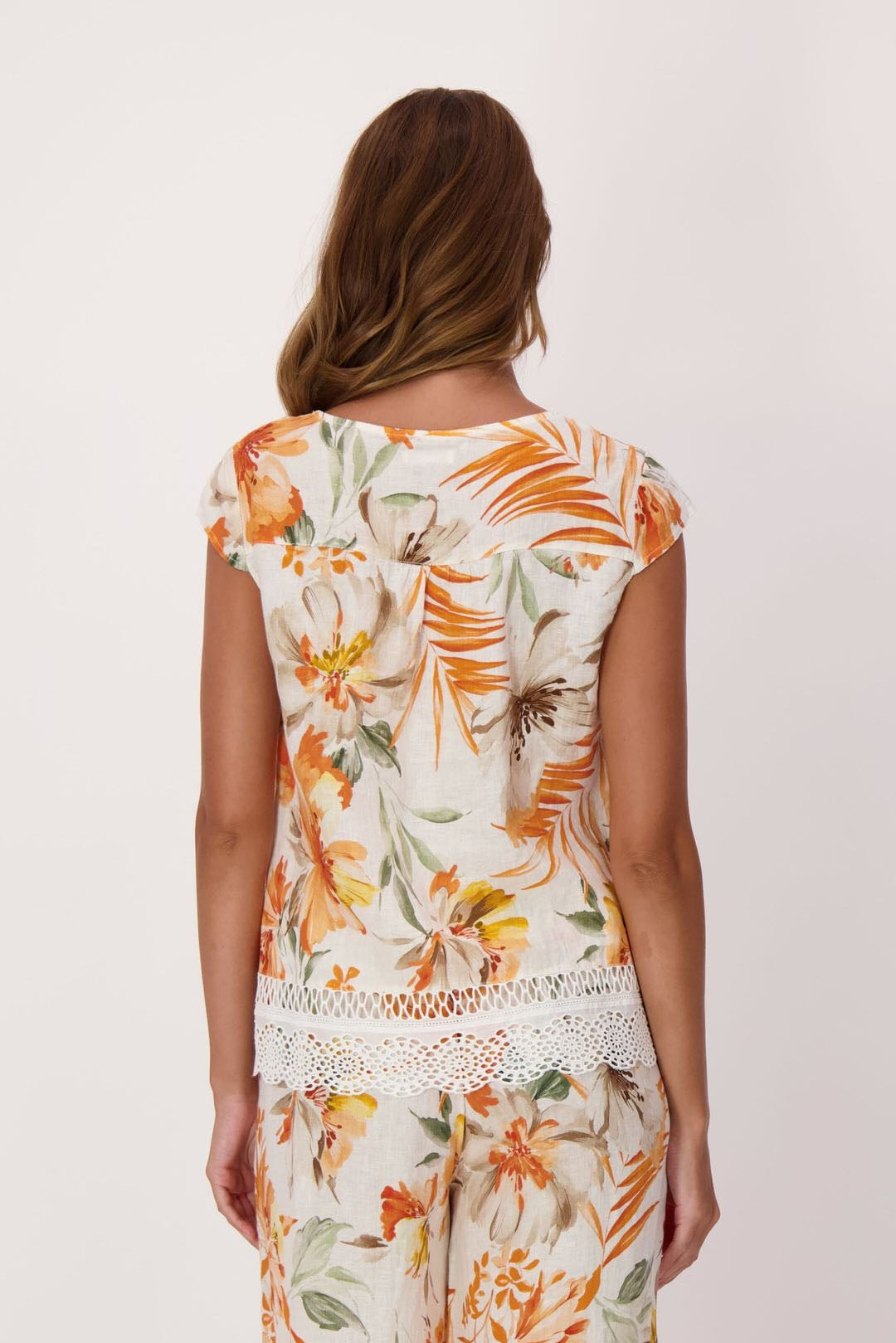 Sunset Palm Lace Hem Linen Top
