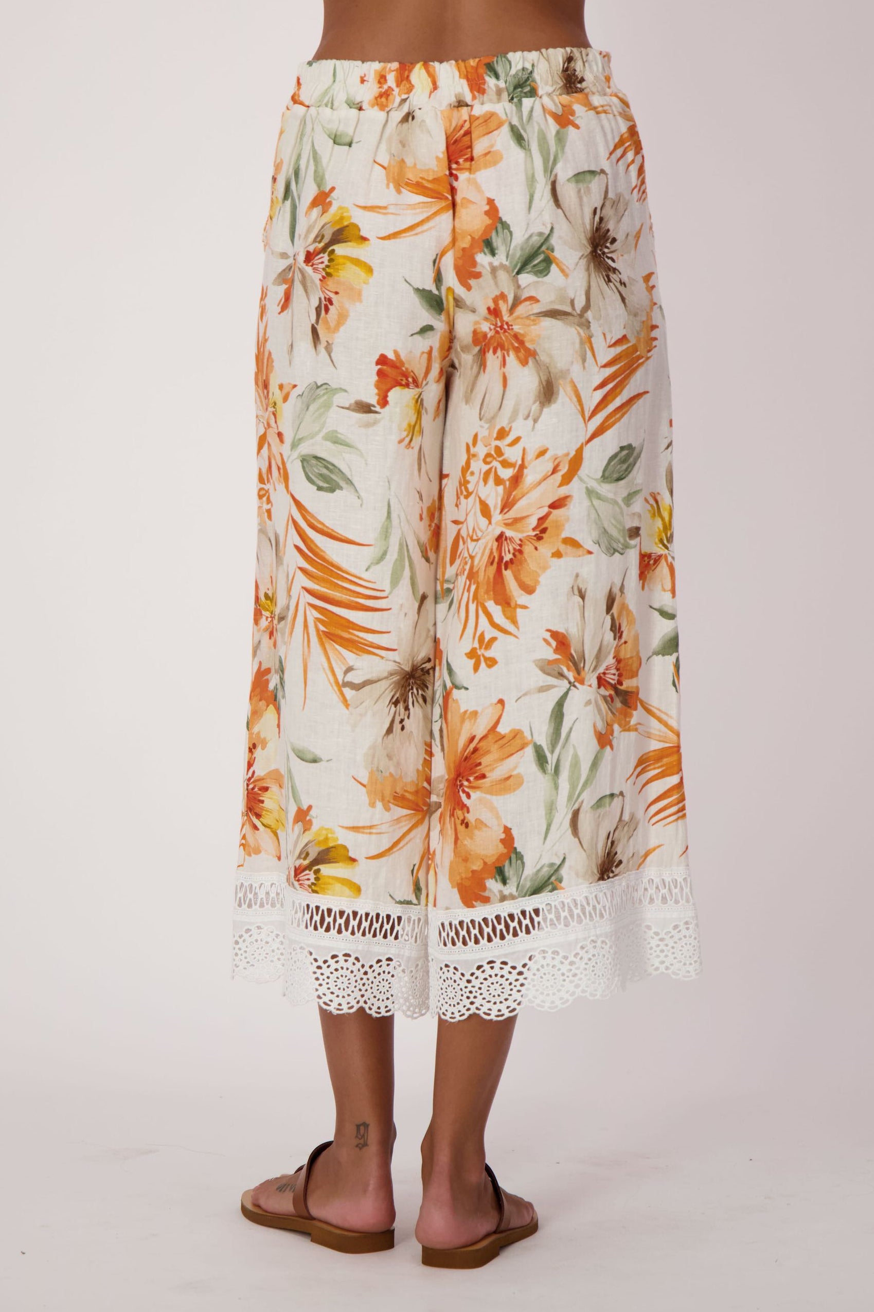 Sunset Palm Lace Hem Linen Capri