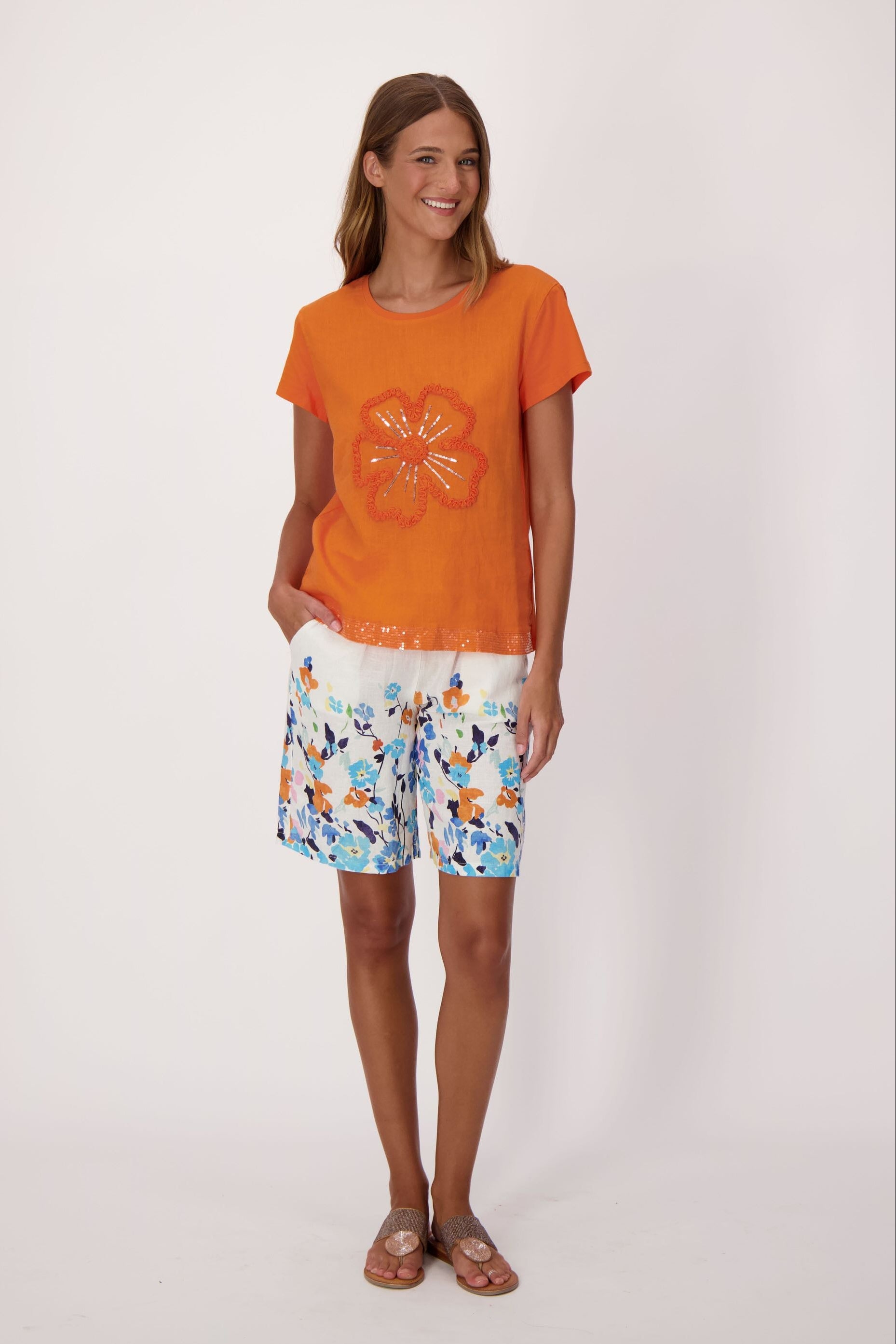 Sparkle Sunflower Applique Linen-Blend T-Shirt