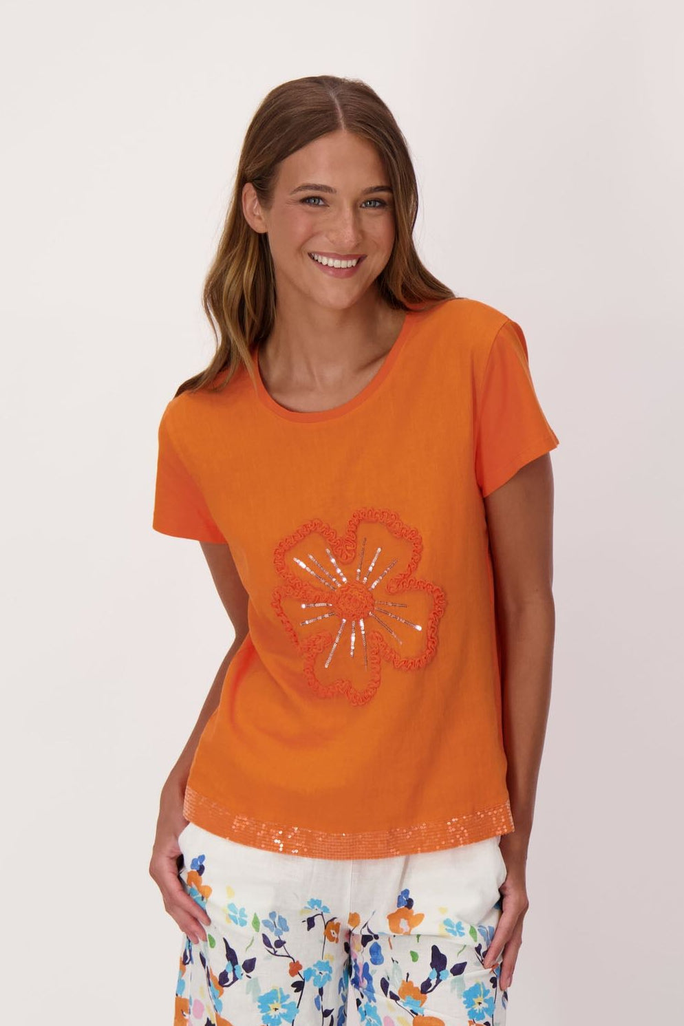 Sparkle Sunflower Applique Linen-Blend T-Shirt