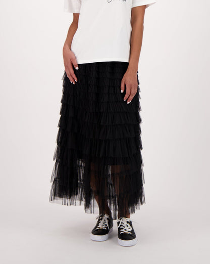 Elastic Waist Tulle Layered Ruffles Mesh Long Tiered Skirt