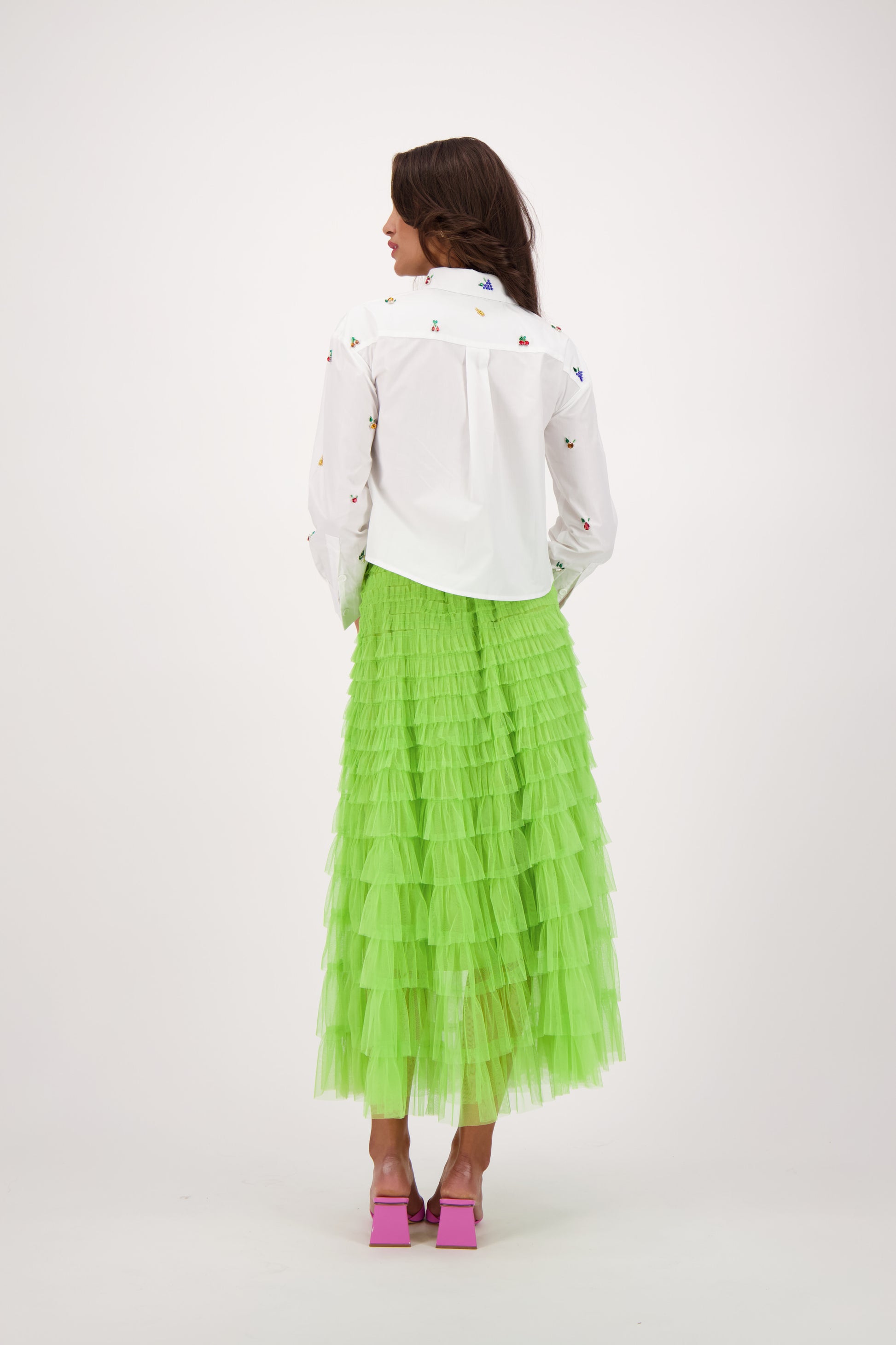 Elastic Waist Tulle Layered Ruffles Mesh Long Tiered Skirt