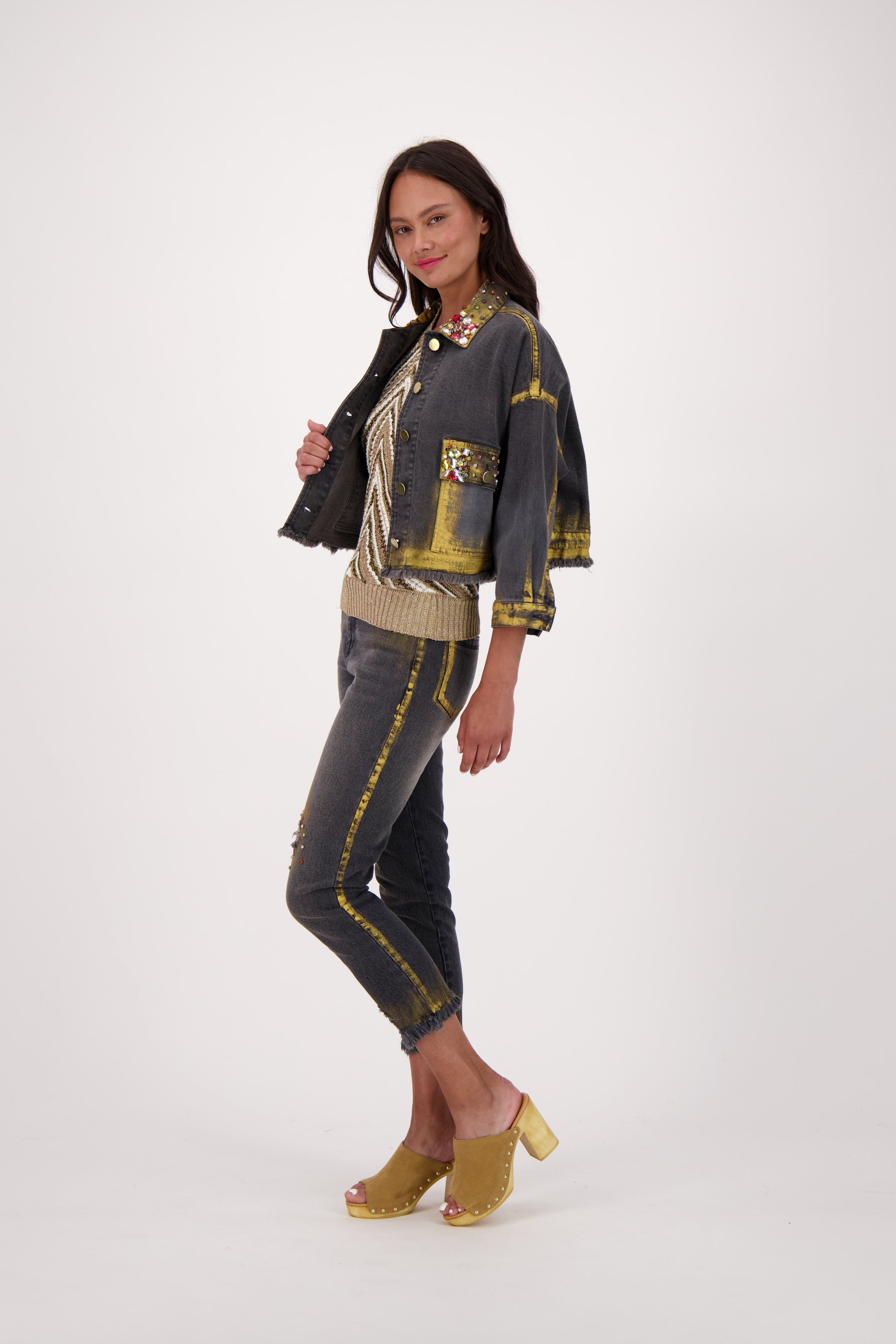 Gold Washed Denim Jacket With Rhinestone Embroidery