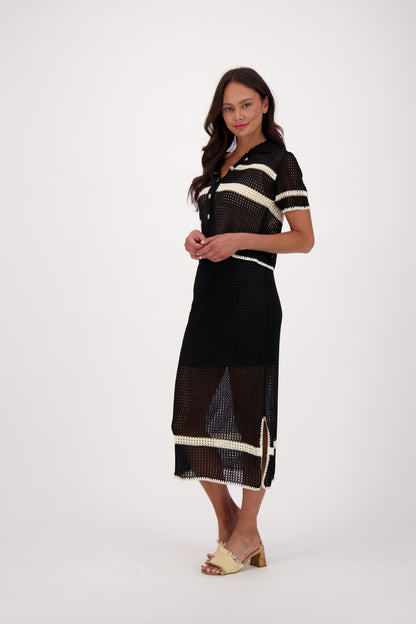 Open Mesh Knit Honeycomb Side Slit Long Skirt