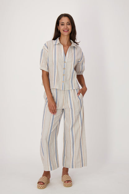 Striped Linen-Blend Wide Leg Capri