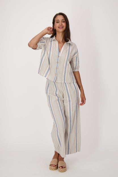 Striped Linen-Blend Wide Leg Capri