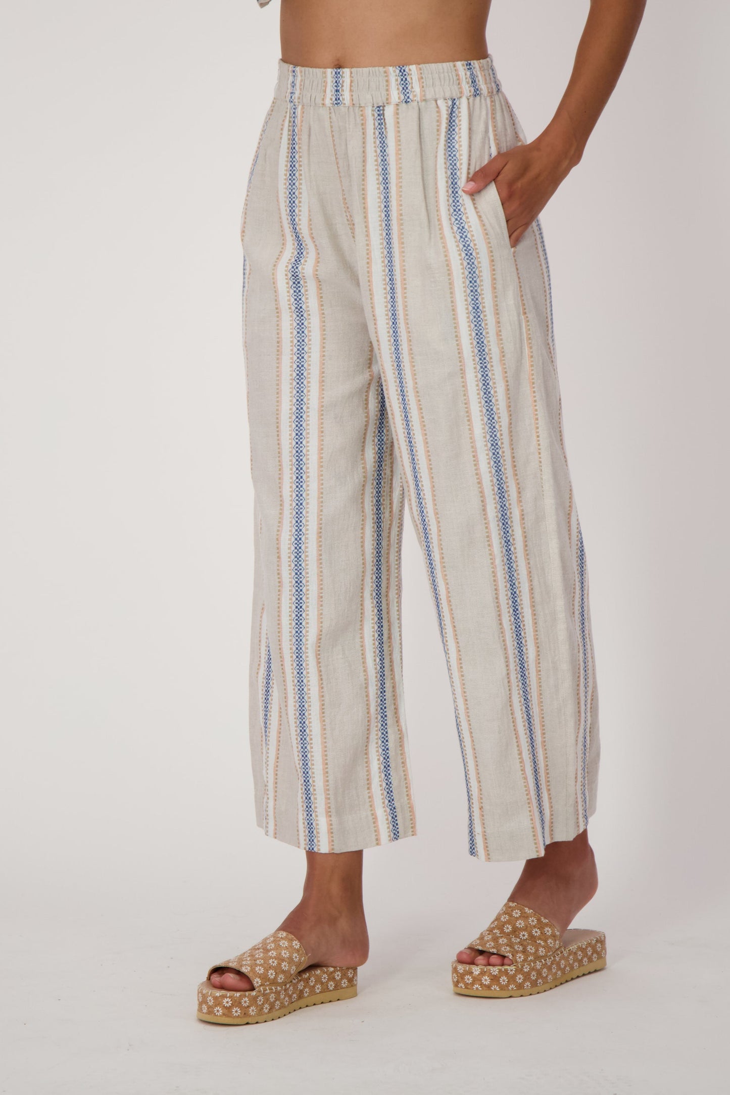 Striped Linen-Blend Wide Leg Capri