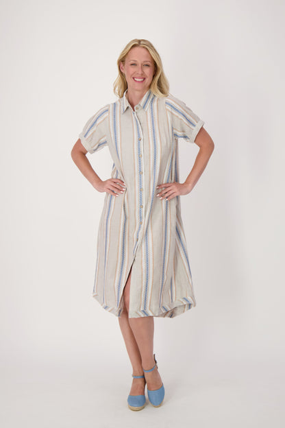 Striped A-Line Linen-Blend Shirt Dress