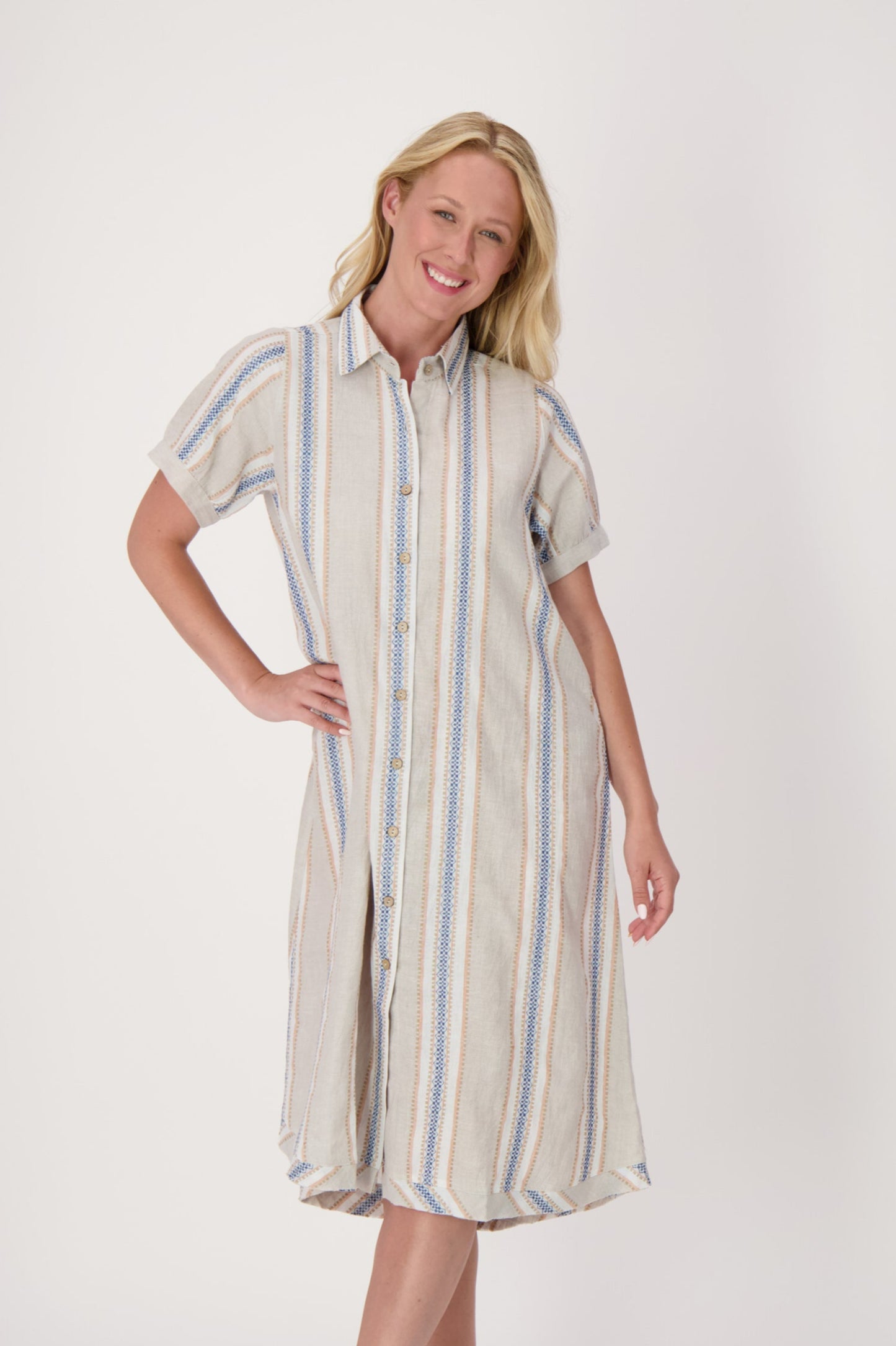 Striped A-Line Linen-Blend Shirt Dress