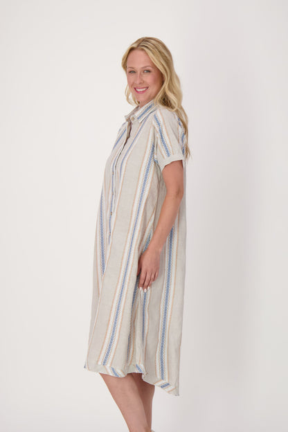 Striped A-Line Linen-Blend Shirt Dress