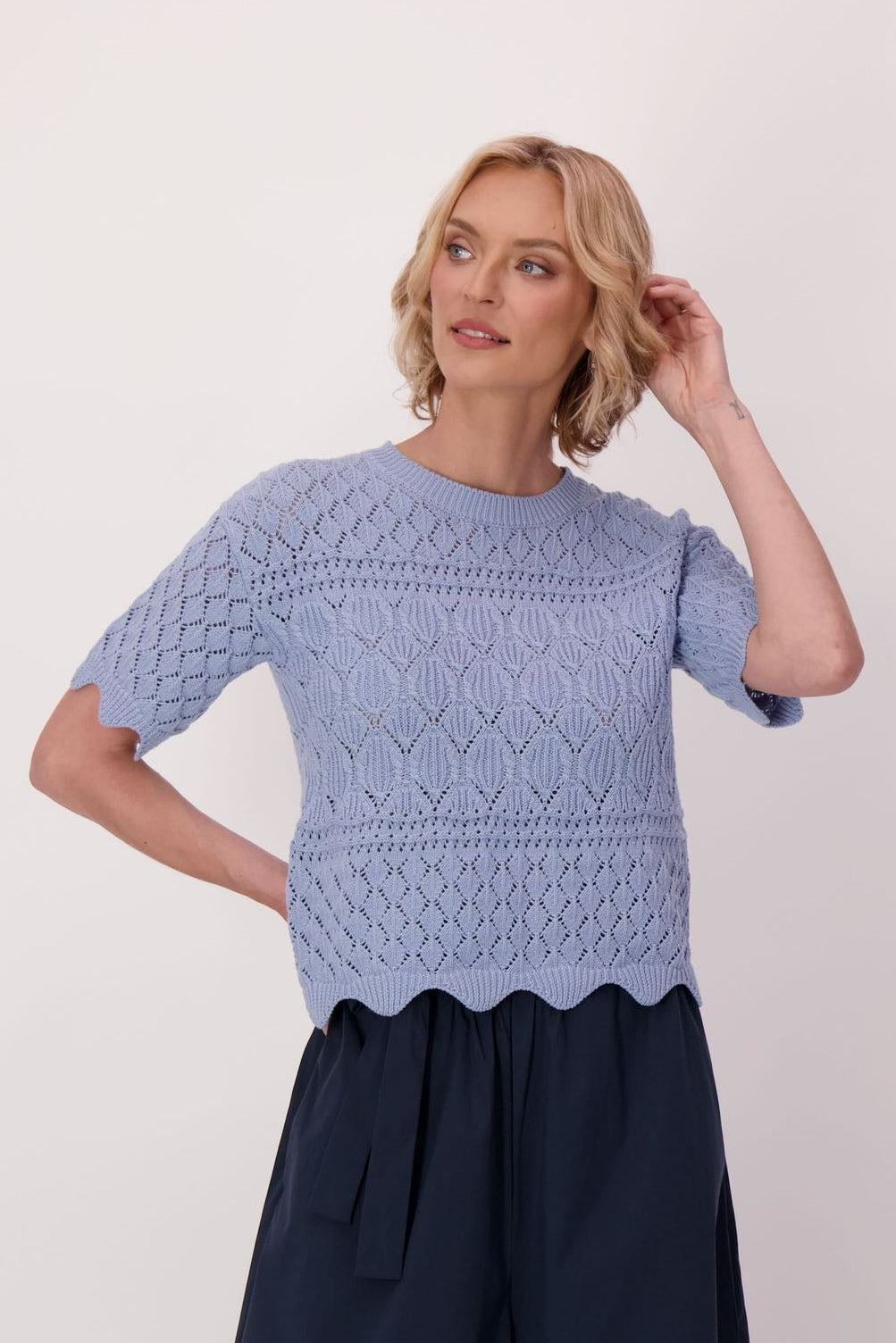 Scallop Hem And Sleeve Cotton Sweater