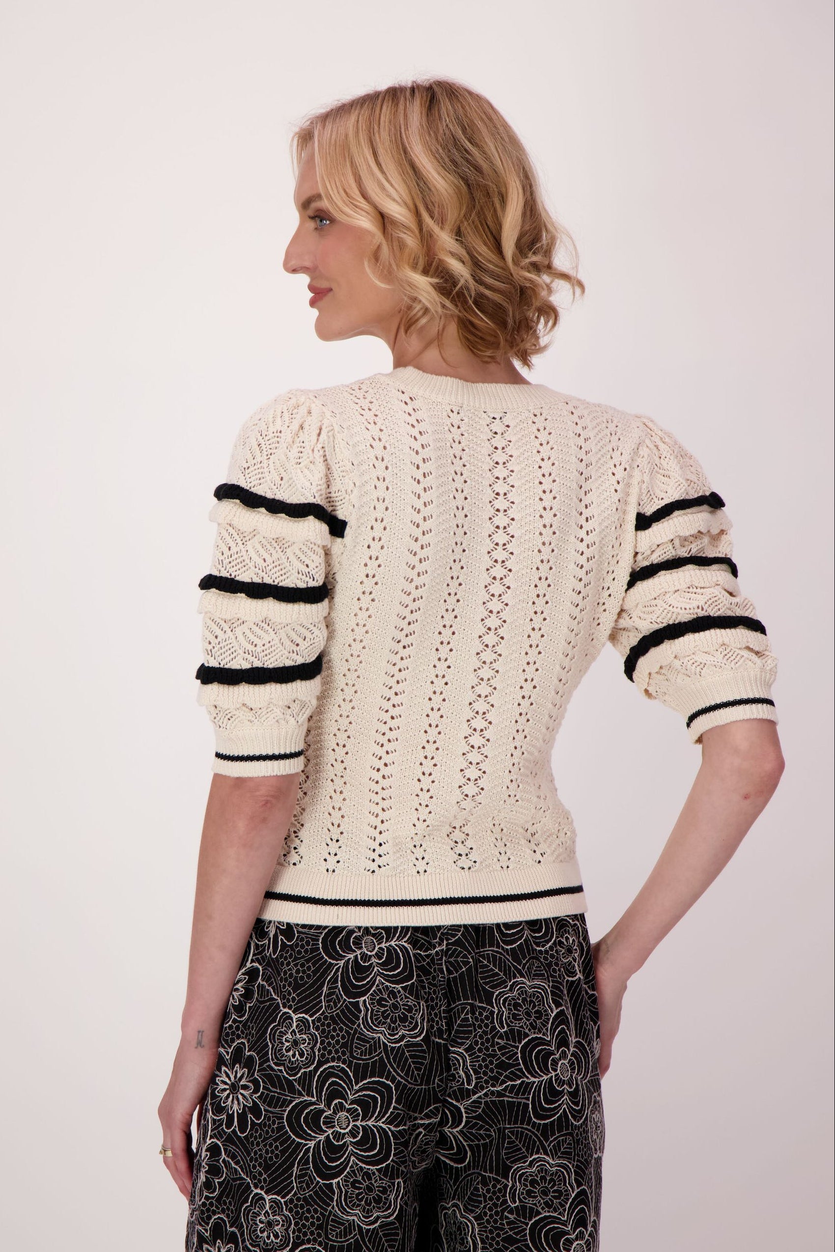 Layered Scallop Sleeve Cotton Sweater
