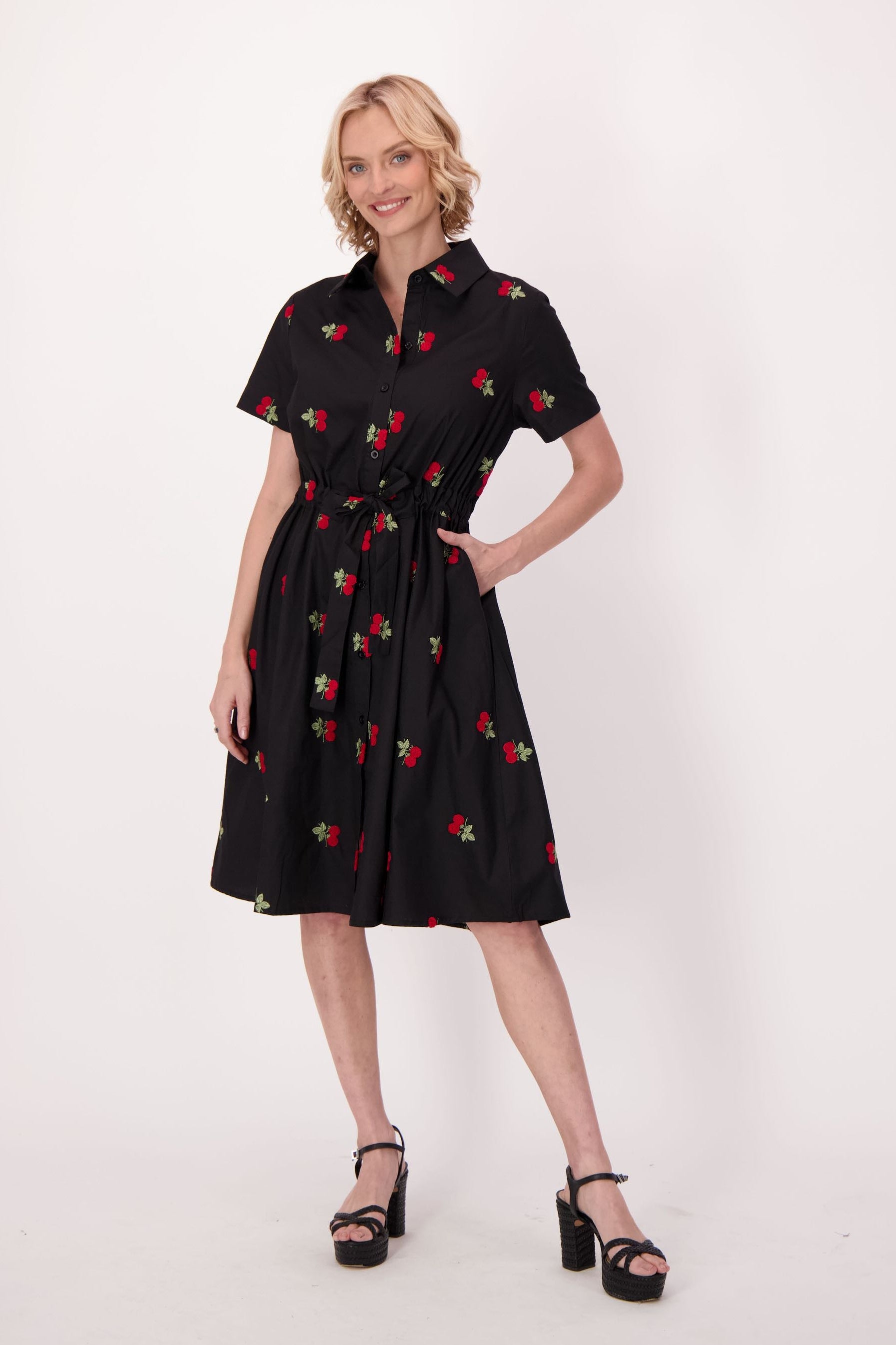 Cherries Cotton Shirt Dress With Waist Tie
