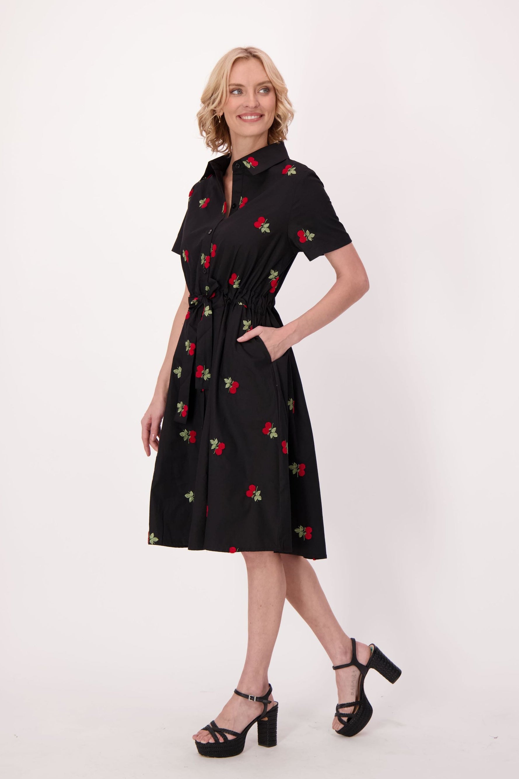 Cherries Cotton Shirt Dress With Waist Tie
