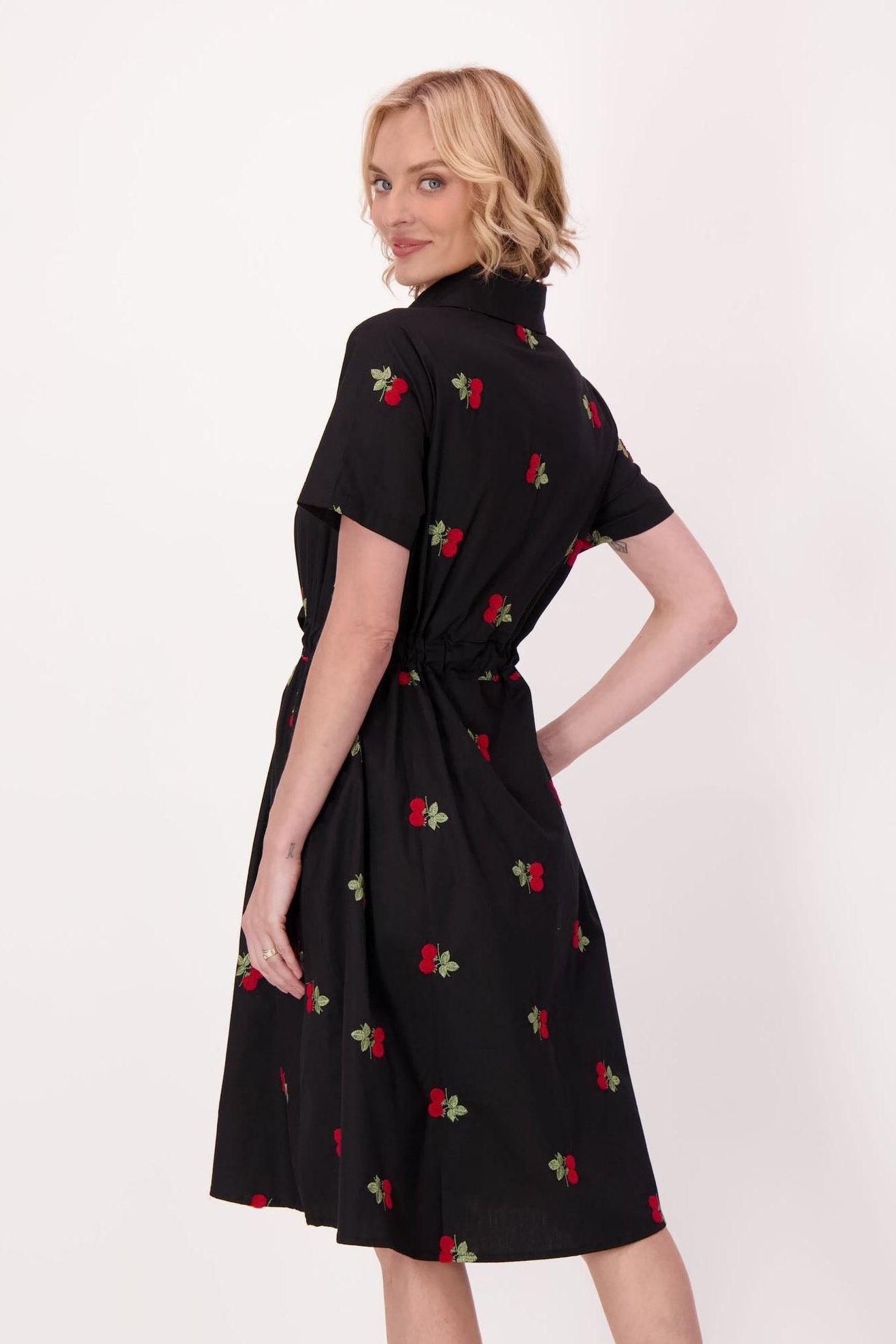 Cherries Cotton Shirt Dress With Waist Tie