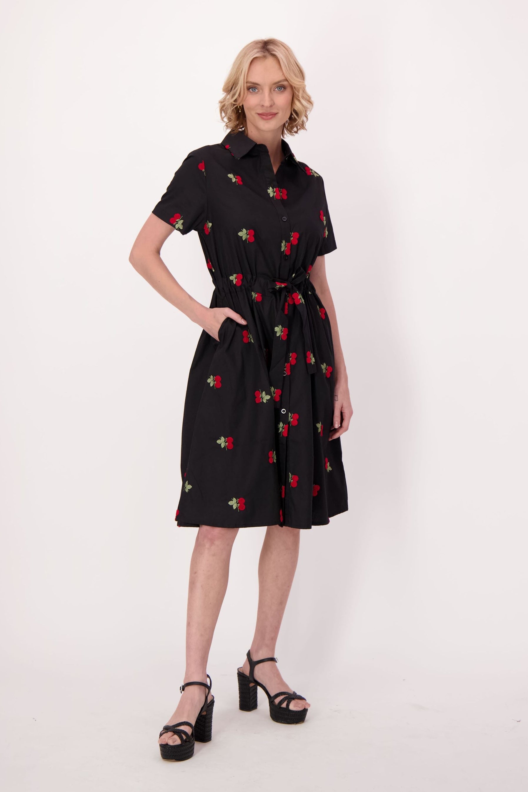 Cherries Cotton Shirt Dress With Waist Tie