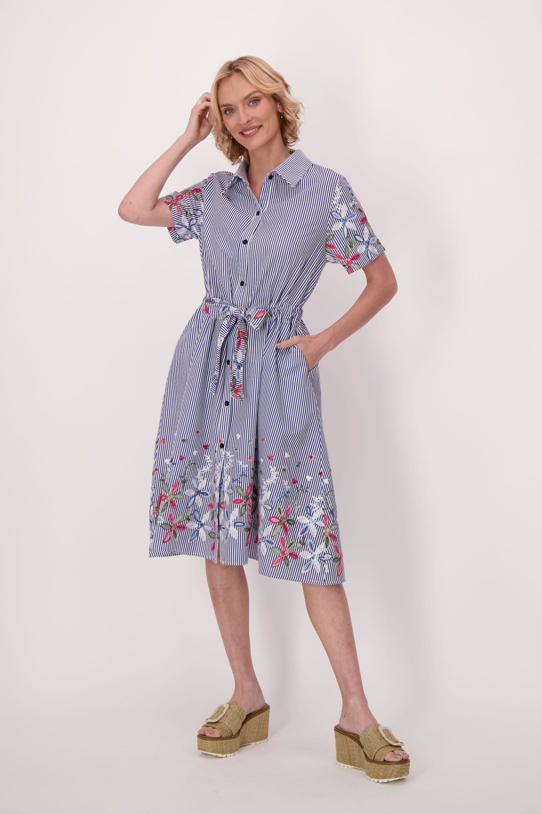 Stripe Floral Embroidered Sleeve Hem Dress