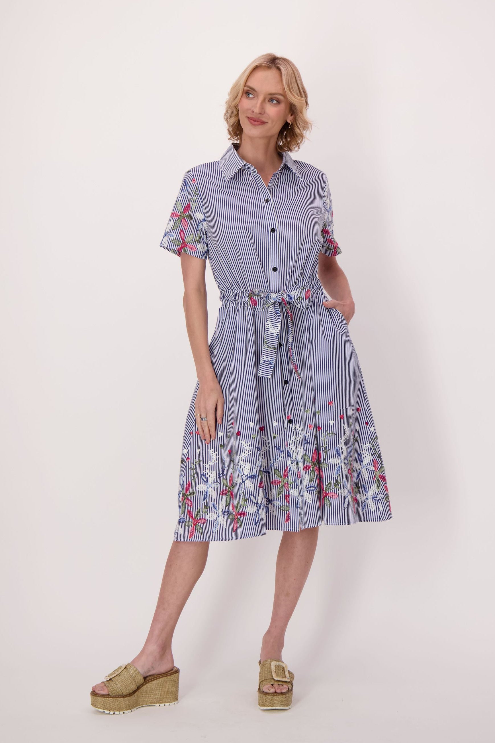Stripe Floral Embroidered Sleeve Hem Dress