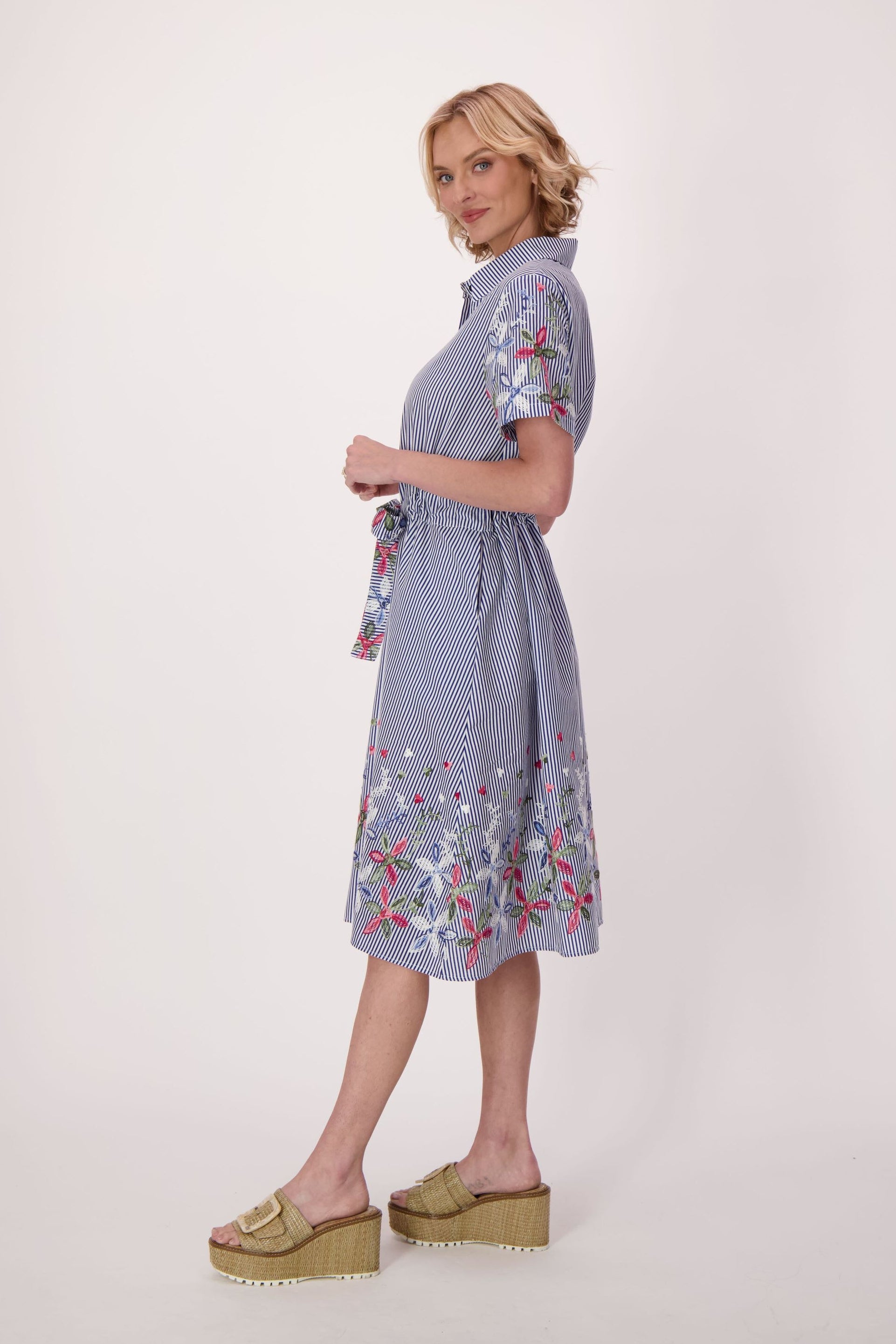 Stripe Floral Embroidered Sleeve Hem Dress