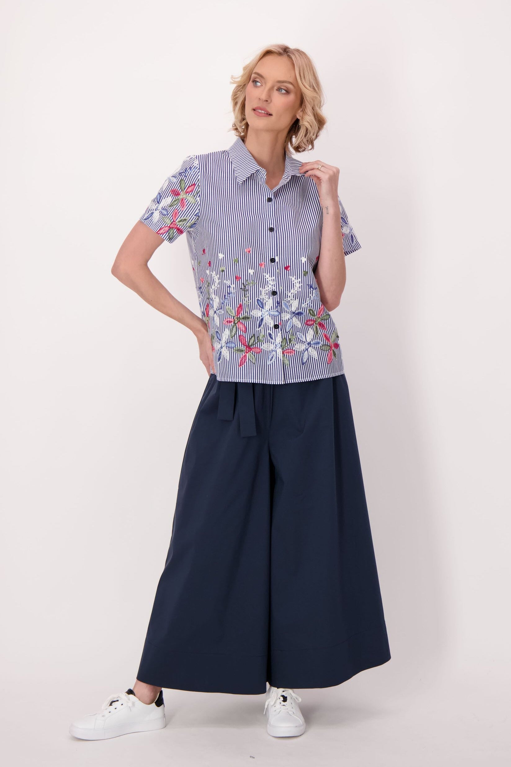 Stripe Floral Embroidered Sleeve Hem Shirt Jacket