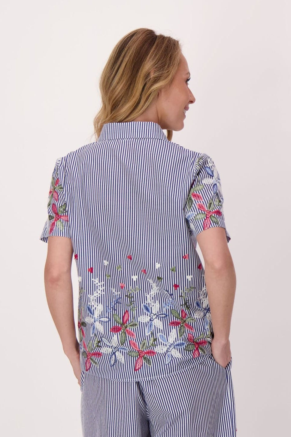 Stripe Floral Embroidered Sleeve Hem Shirt Jacket