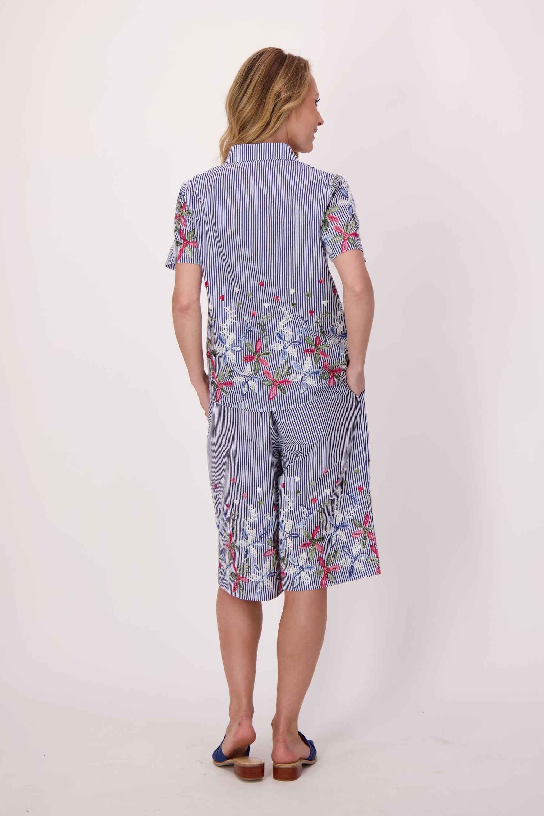 Stripe Floral Embroidered Bermuda Shorts