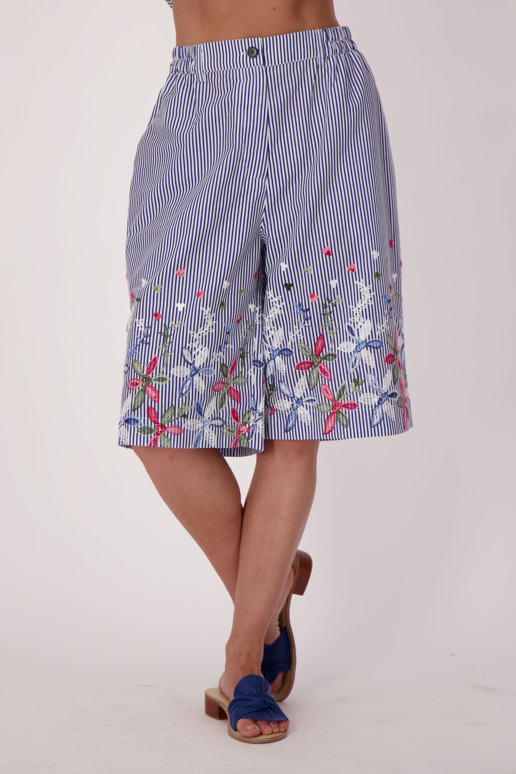Stripe Floral Embroidered Bermuda Shorts