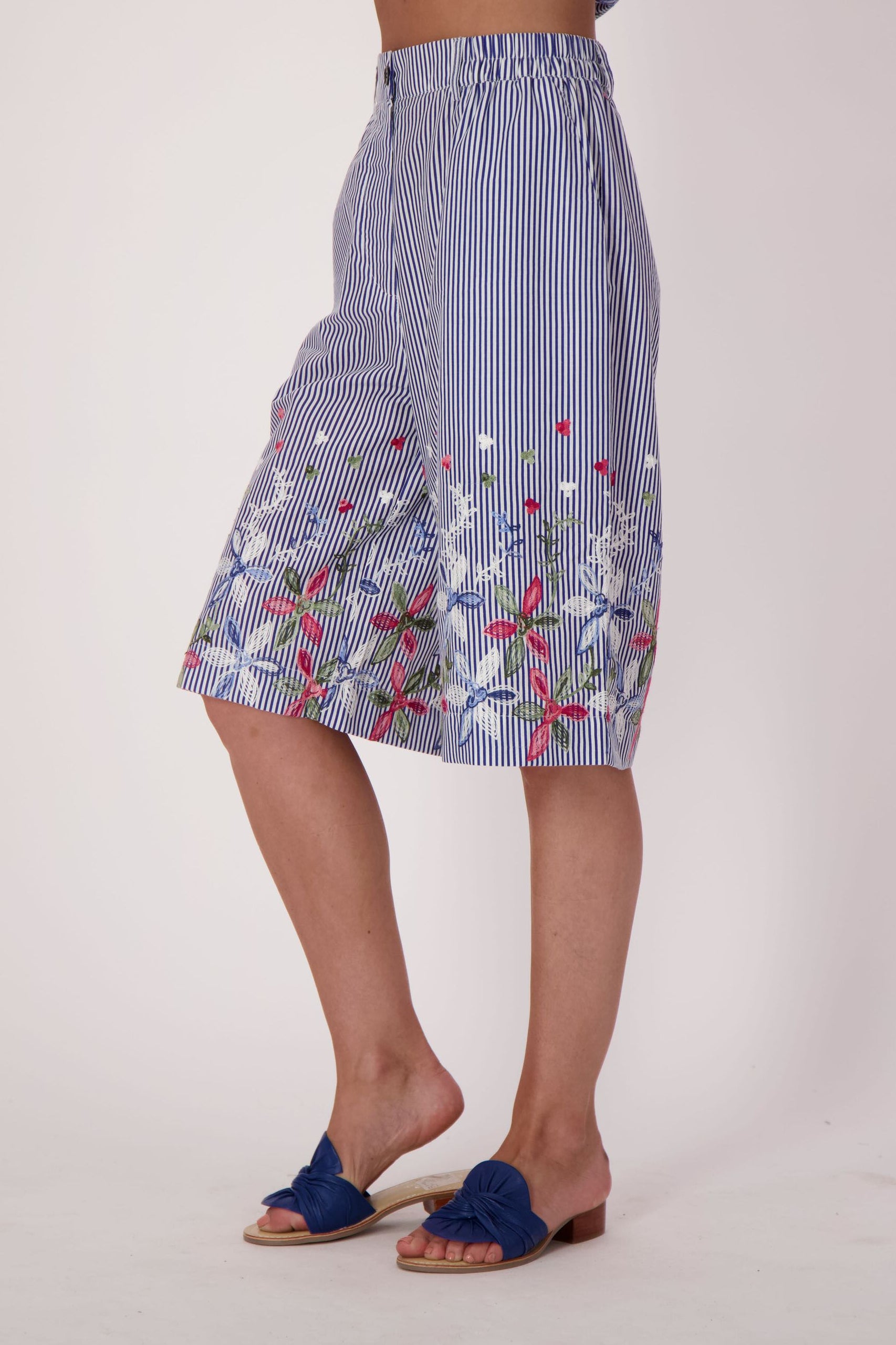 Stripe Floral Embroidered Bermuda Shorts
