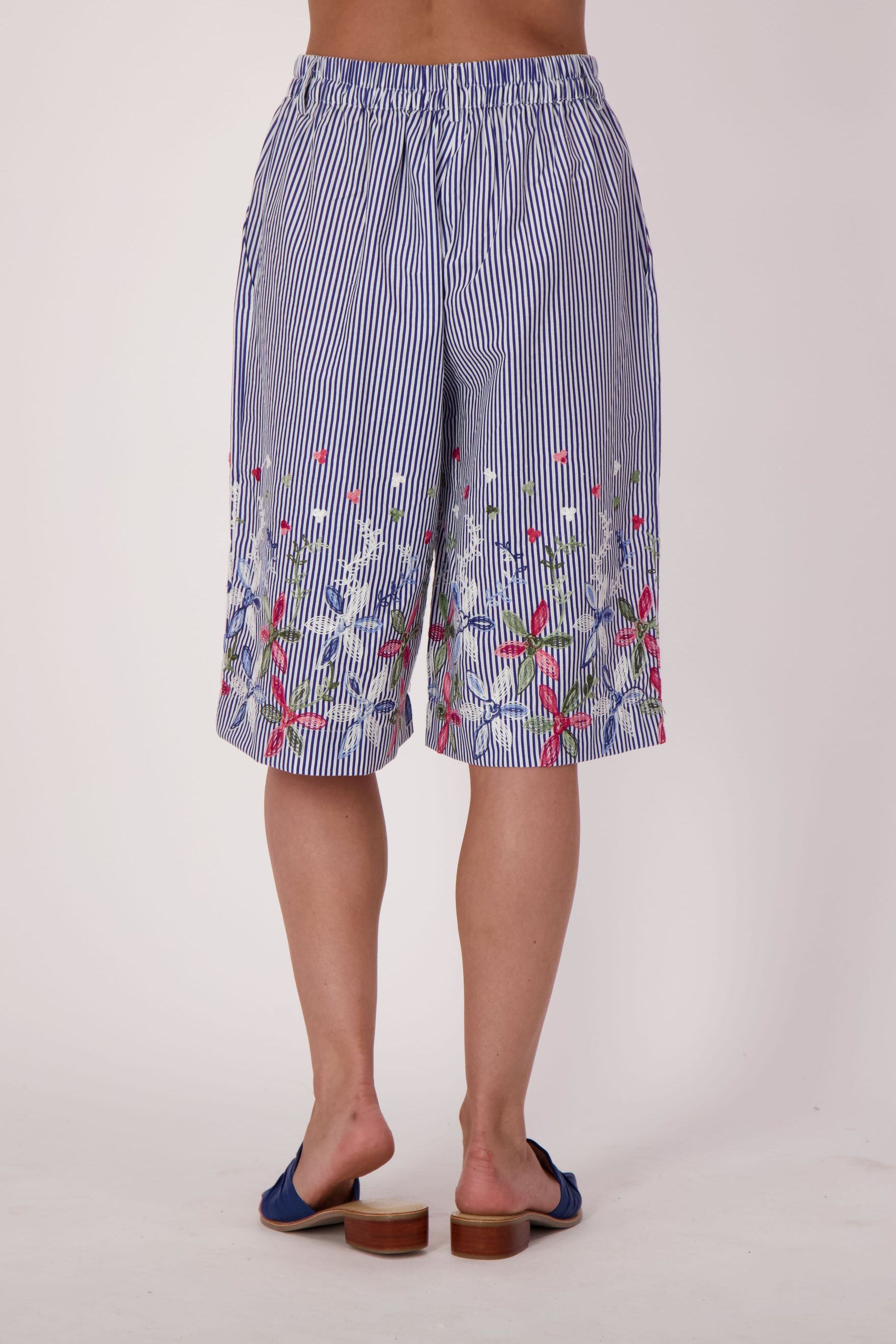 Stripe Floral Embroidered Bermuda Shorts