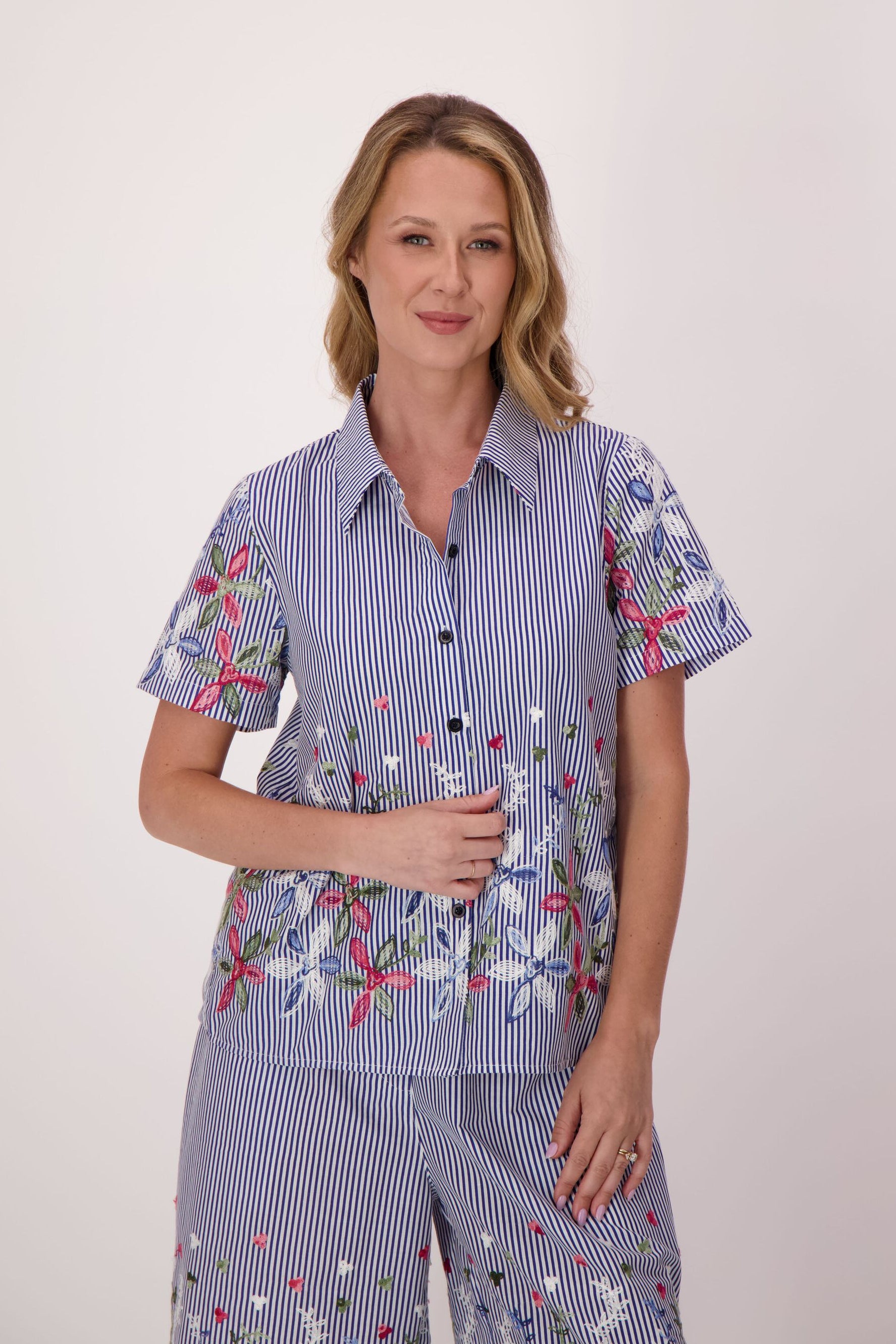 Stripe Floral Embroidered Sleeve Hem Shirt Jacket