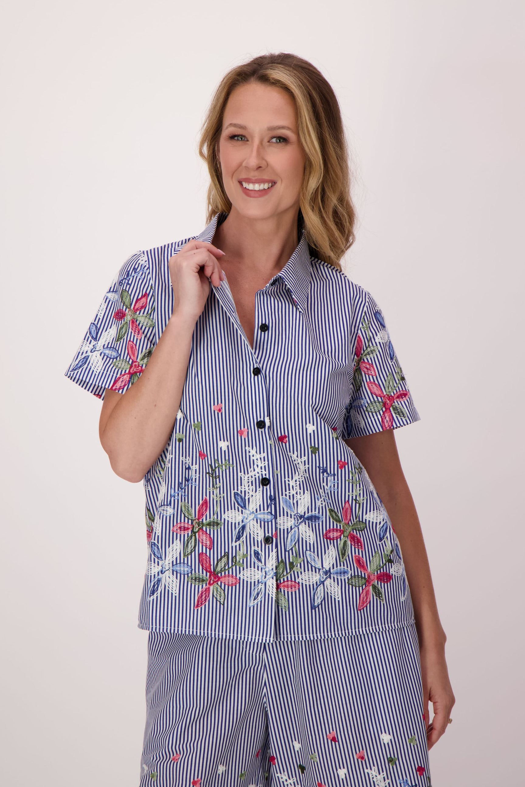 Stripe Floral Embroidered Sleeve Hem Shirt Jacket