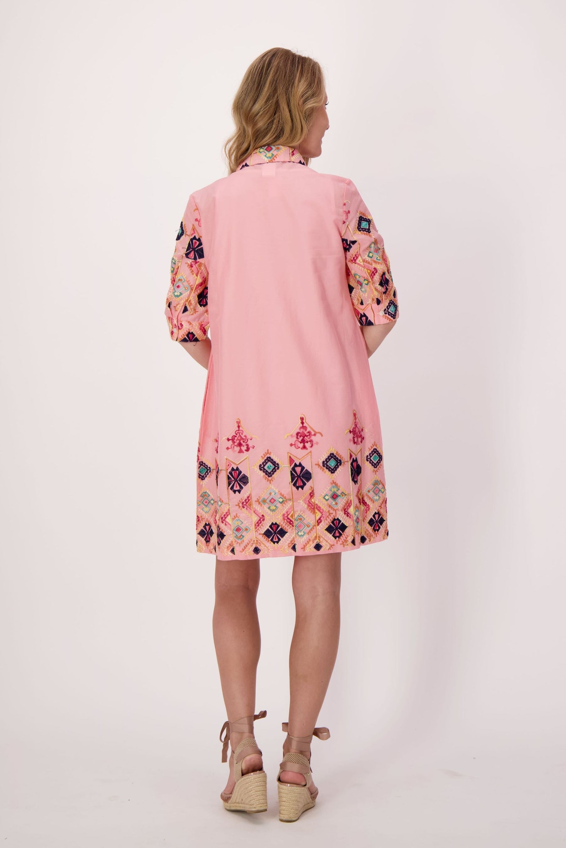 Aztec Embroidered Hem And Sleeve Cotton Dress With Cami