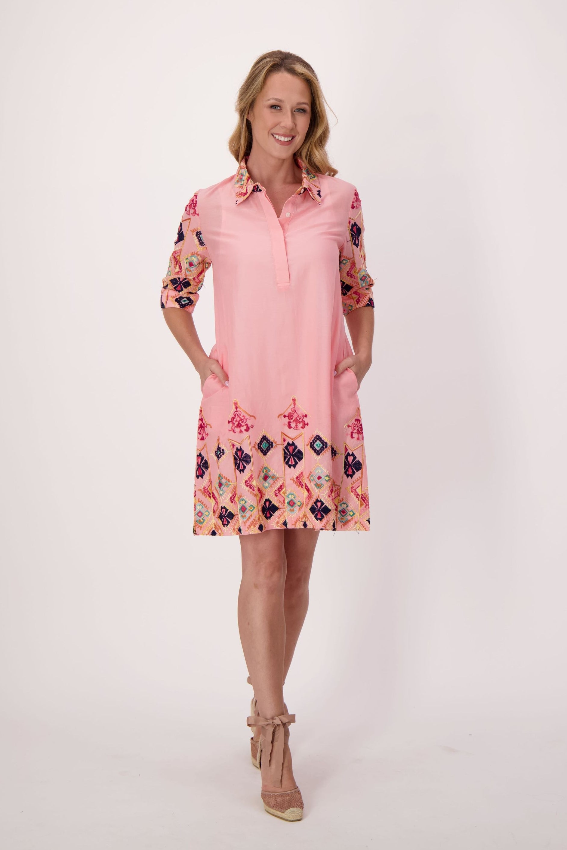 Aztec Embroidered Hem And Sleeve Cotton Dress With Cami