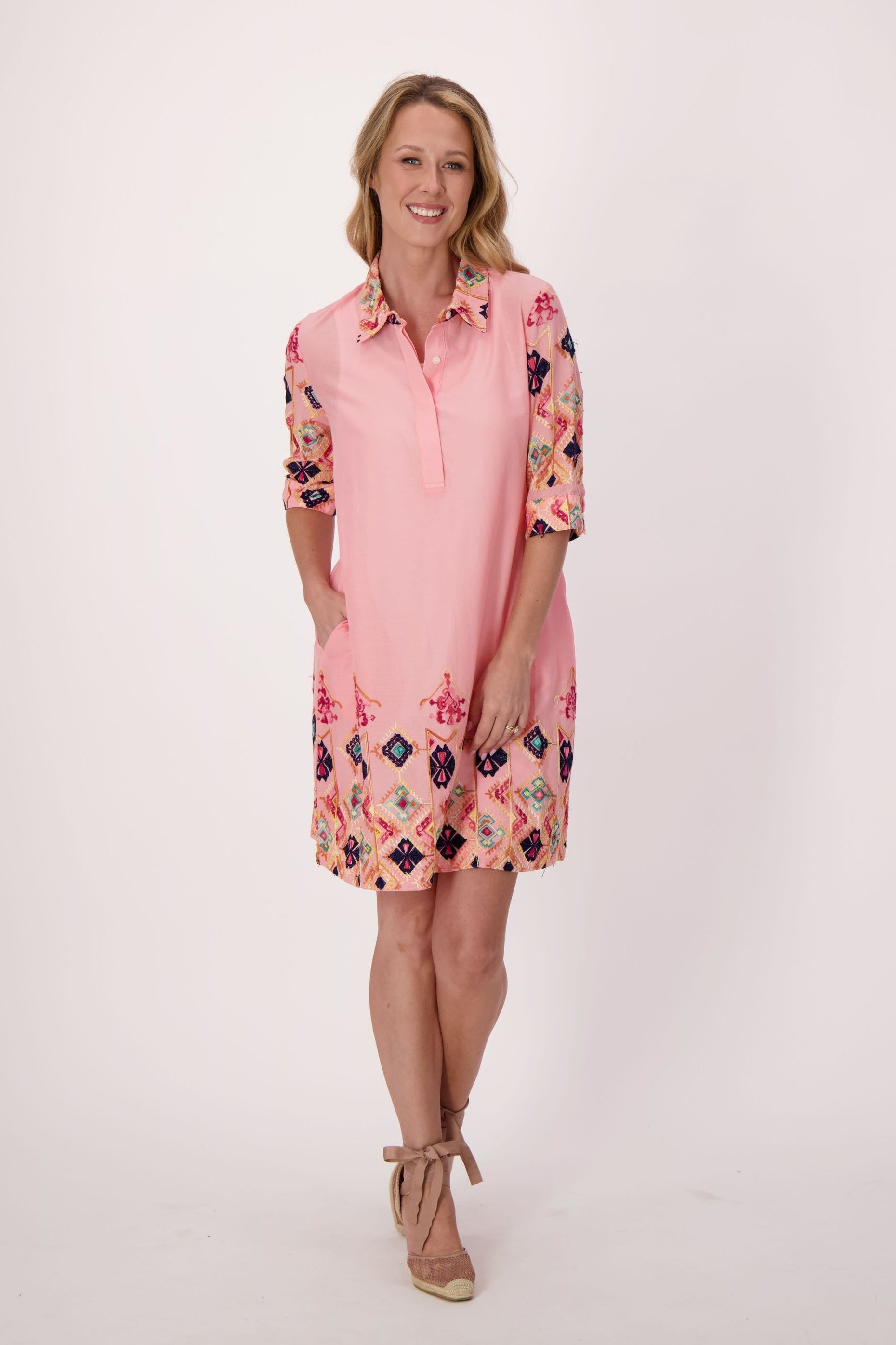 Aztec Embroidered Hem And Sleeve Cotton Dress With Cami