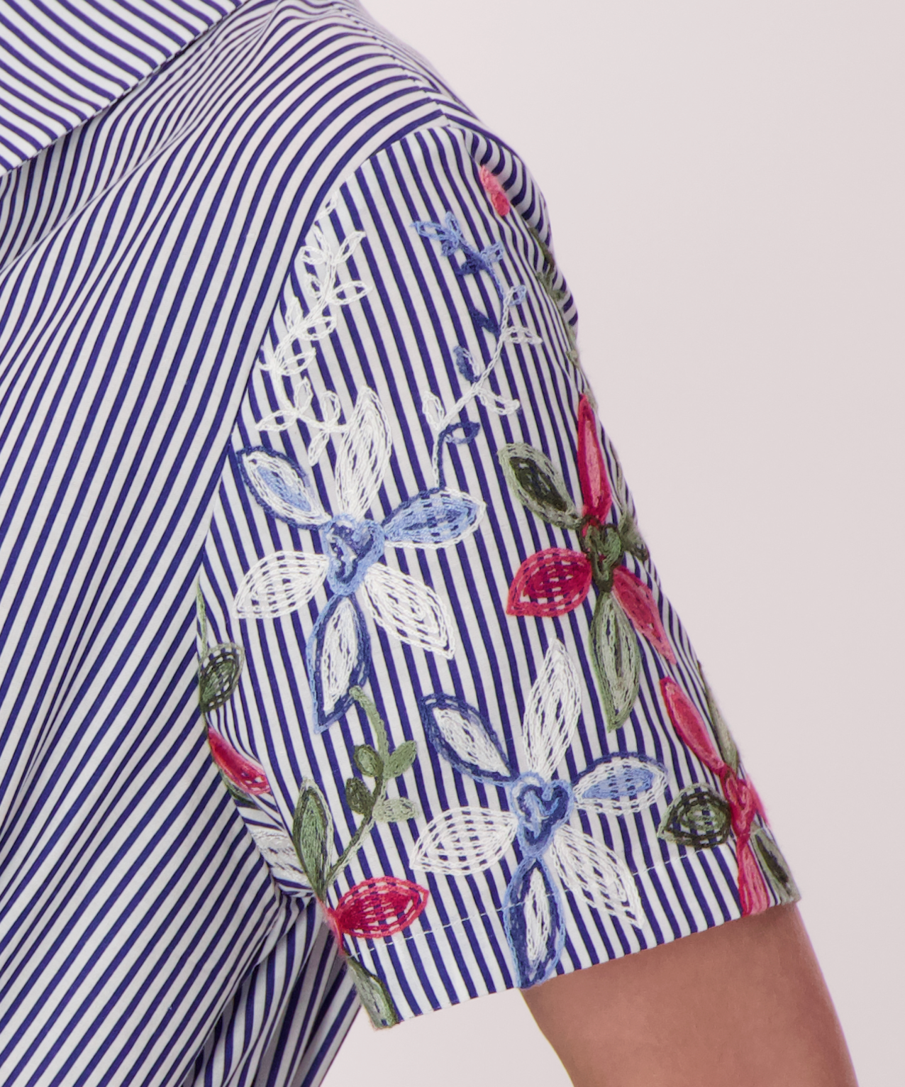 Stripe Floral Embroidered Sleeve Hem Dress