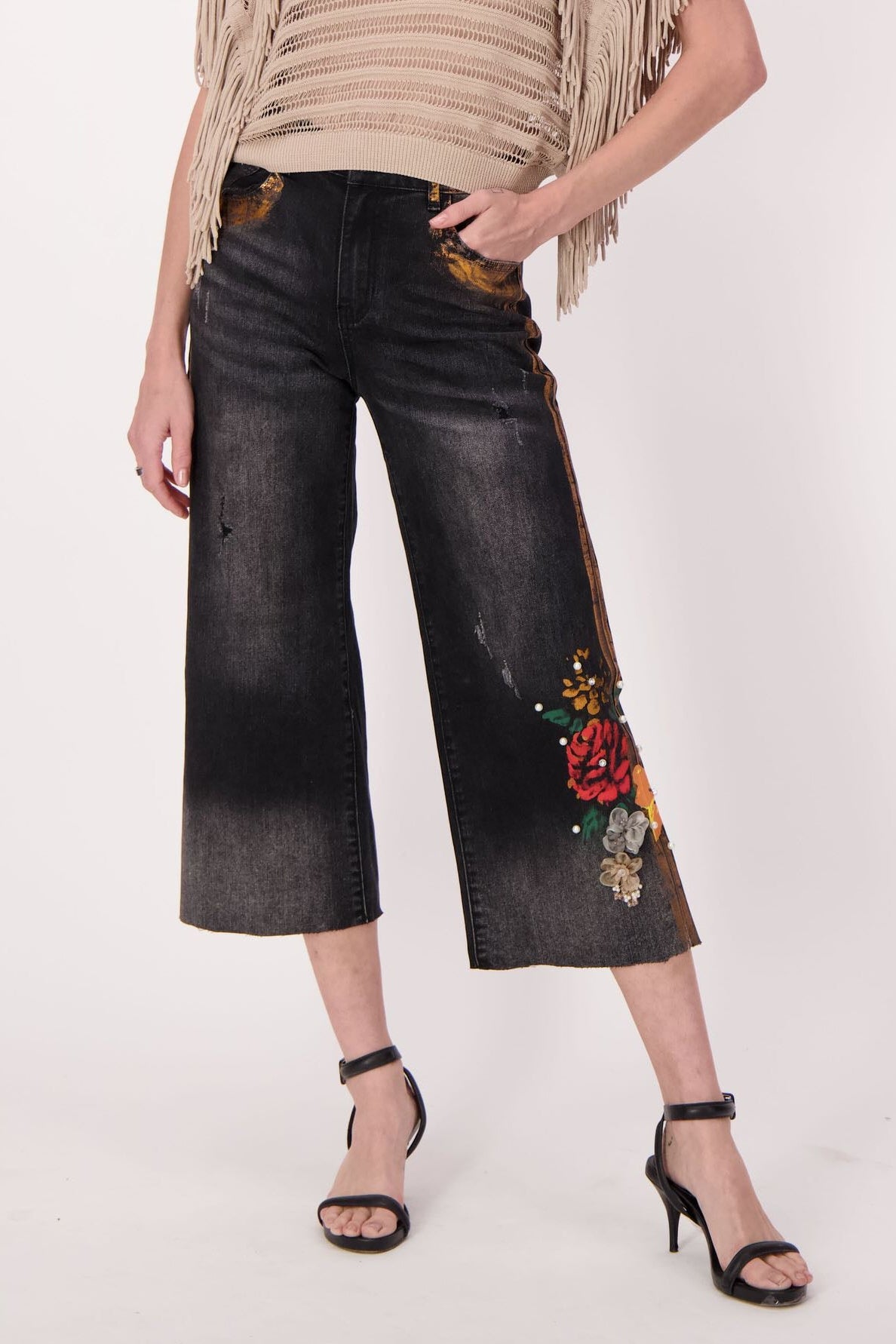 Floral Applique Wide Leg Crop Jean