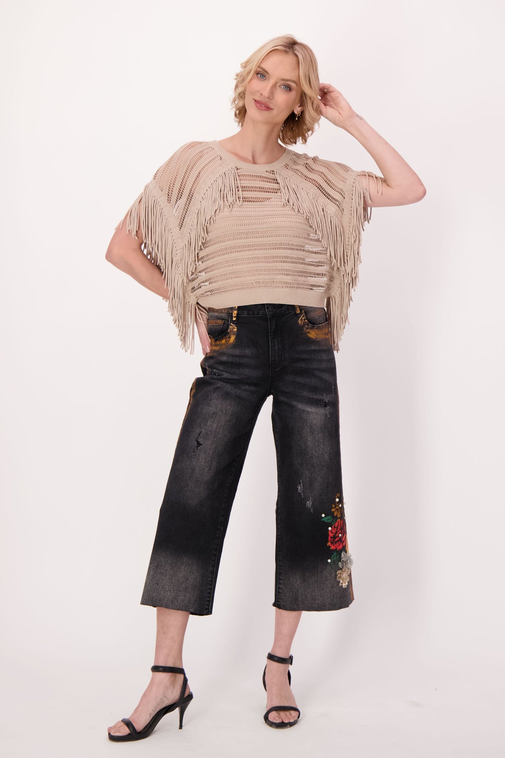 Floral Applique Wide Leg Crop Jean